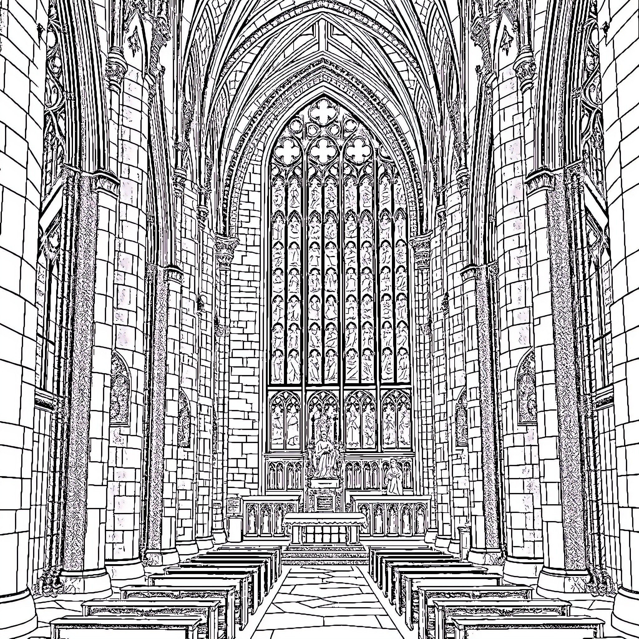 Cathedral interior with ornate architecture and pews Coloring Page (free black-and-white line drawing printable PDF for all, from beginners to advanced learners, including children, teens, adults, and seniors)