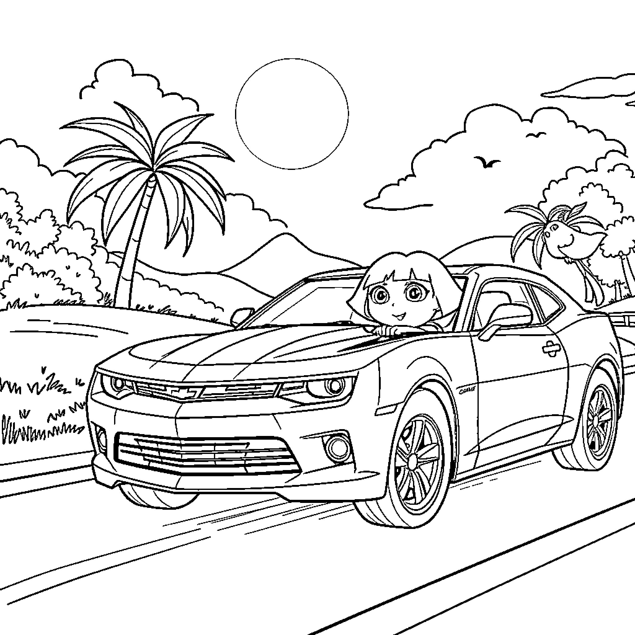 Dora's Tropical Roadtrip Adventure Coloring Page (free black-and-white line drawing printable PDF for all, from beginners to advanced learners, including children, teens, adults, and seniors)