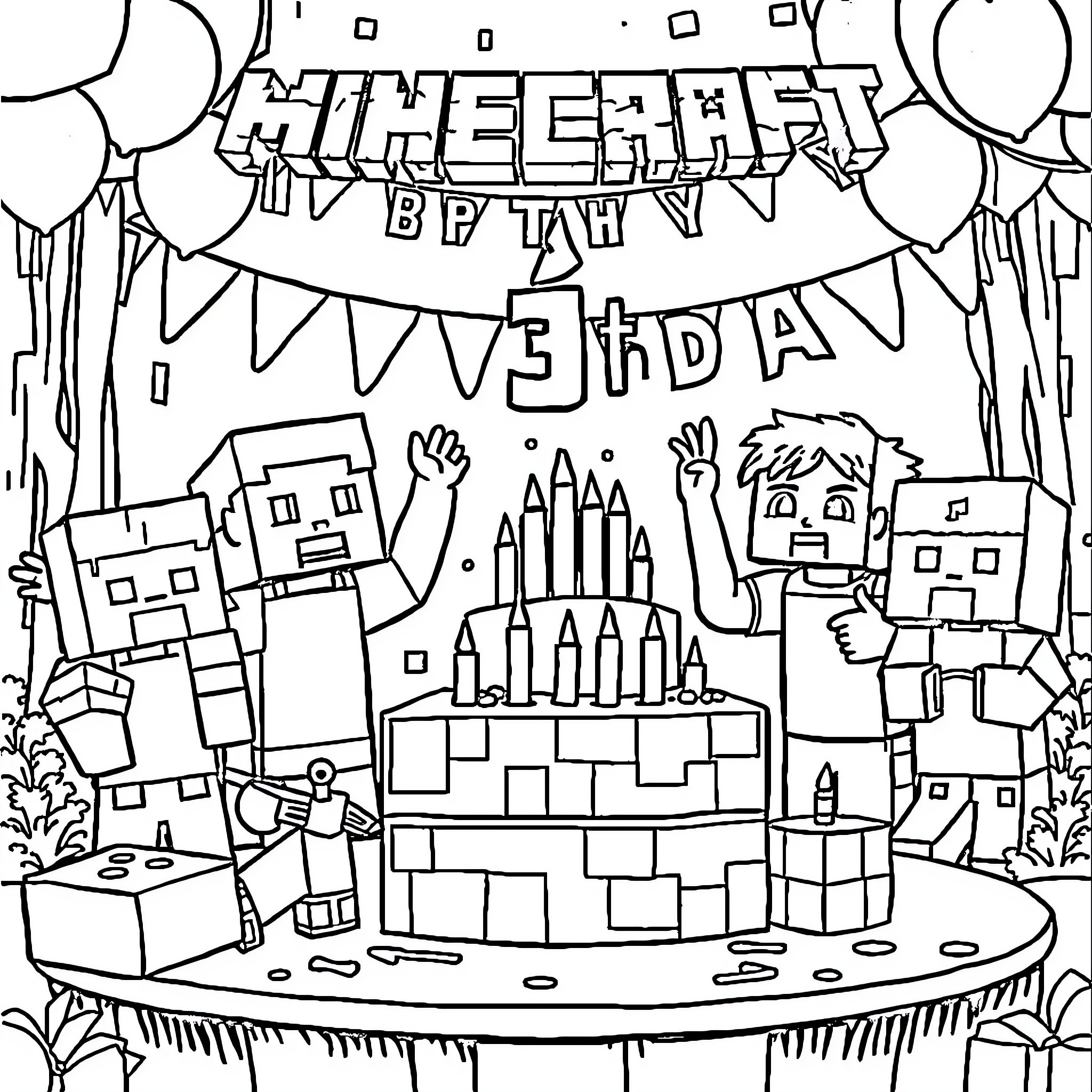 Minecraft birthday party with cake and characters Coloring Page (free black-and-white line drawing printable PDF for all, from beginners to advanced learners, including children, teens, adults, and seniors)