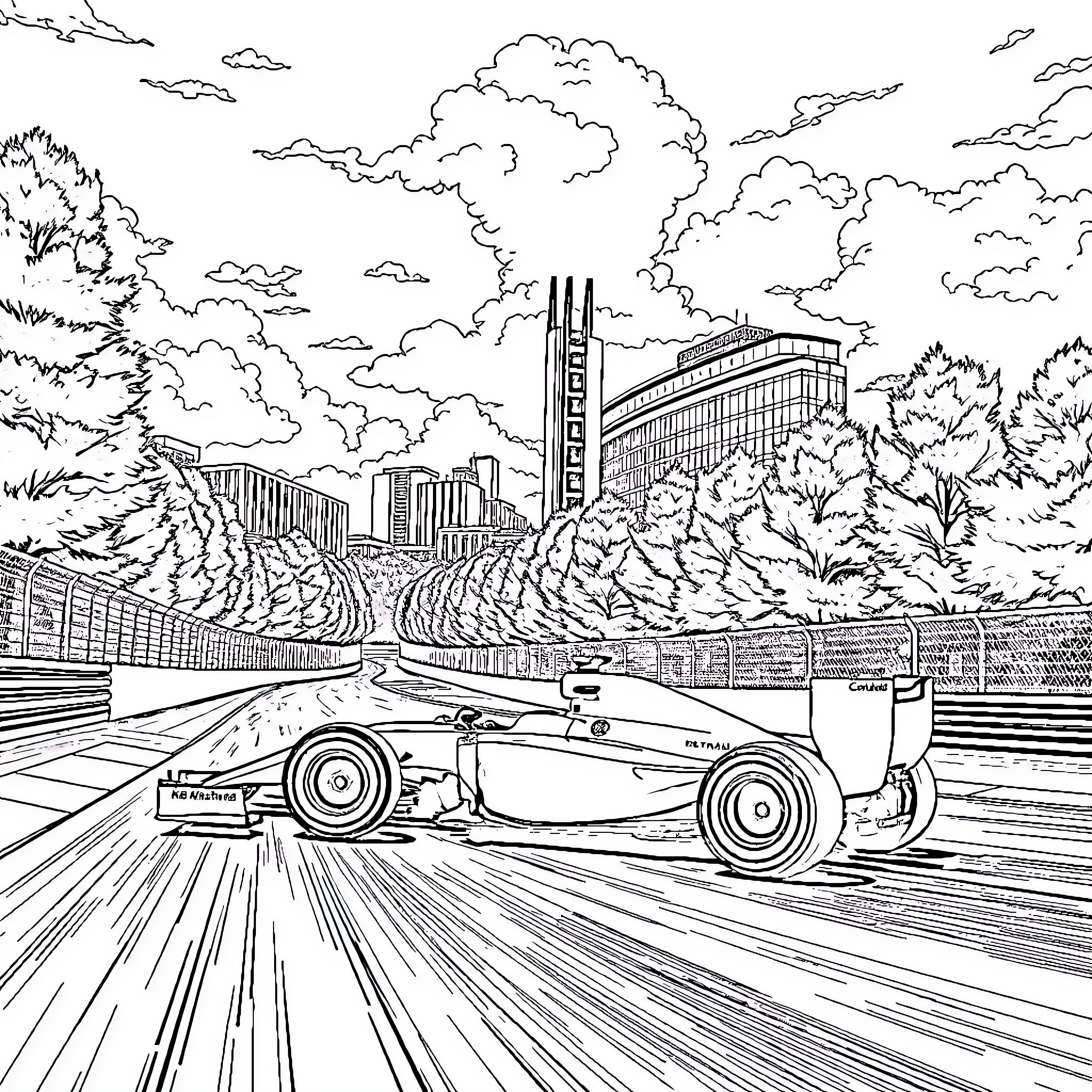 Formula 1 Race Car Speeding Through City Landscape Coloring Page (free black-and-white line drawing printable PDF for all, from beginners to advanced learners, including children, teens, adults, and seniors)