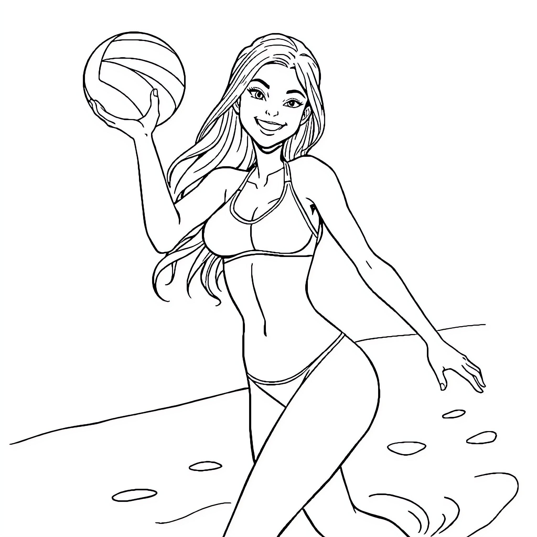 Volleyball Girl Enjoying Beach Game with Ball Coloring Page (free black-and-white line drawing printable PDF for all, from beginners to advanced learners, including children, teens, adults, and seniors)