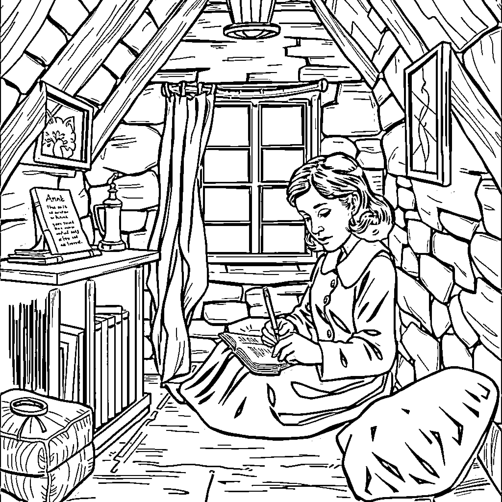 Anne Frank Documenting Her Experiences in Hiding Coloring Page (free black-and-white line drawing printable PDF for all, from beginners to advanced learners, including children, teens, adults, and seniors)