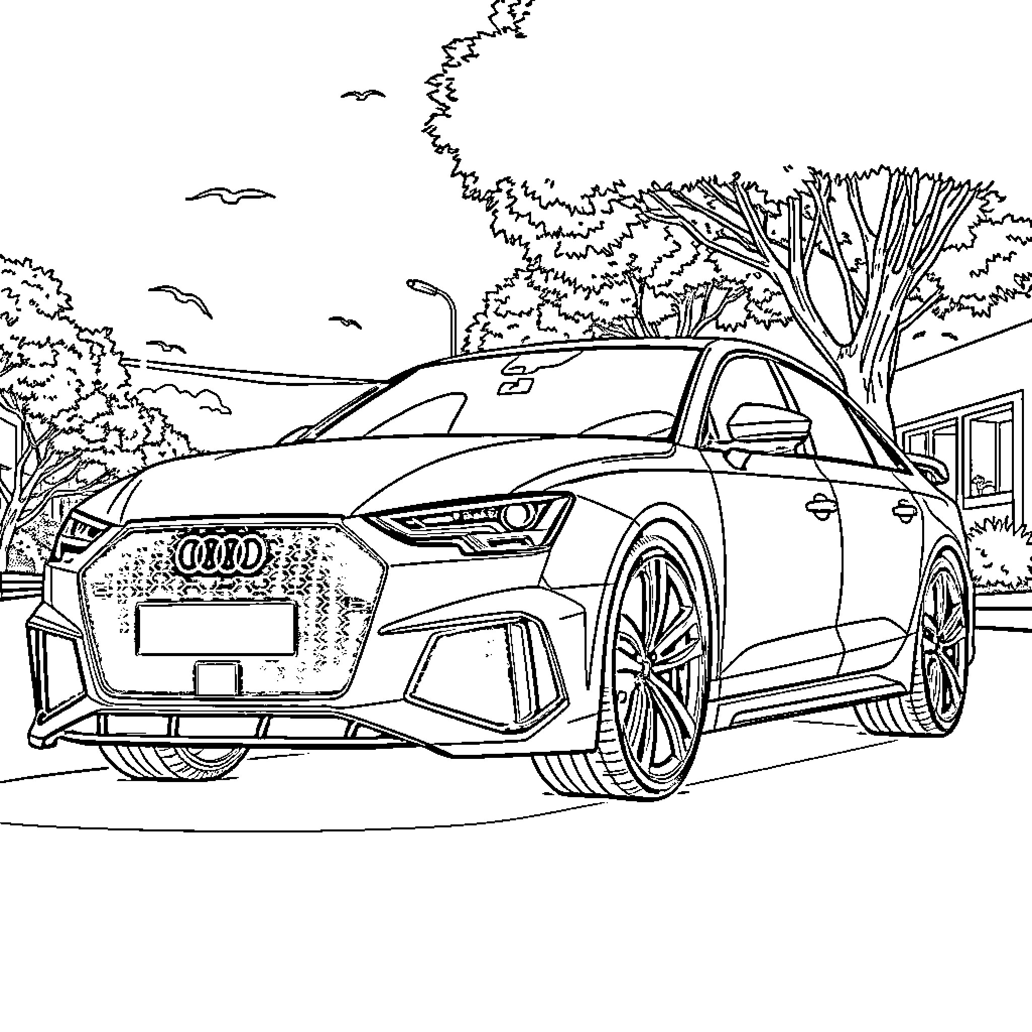 Audi luxury sports car on the road Coloring Page (free black-and-white line drawing printable PDF for all, from beginners to advanced learners, including children, teens, adults, and seniors)