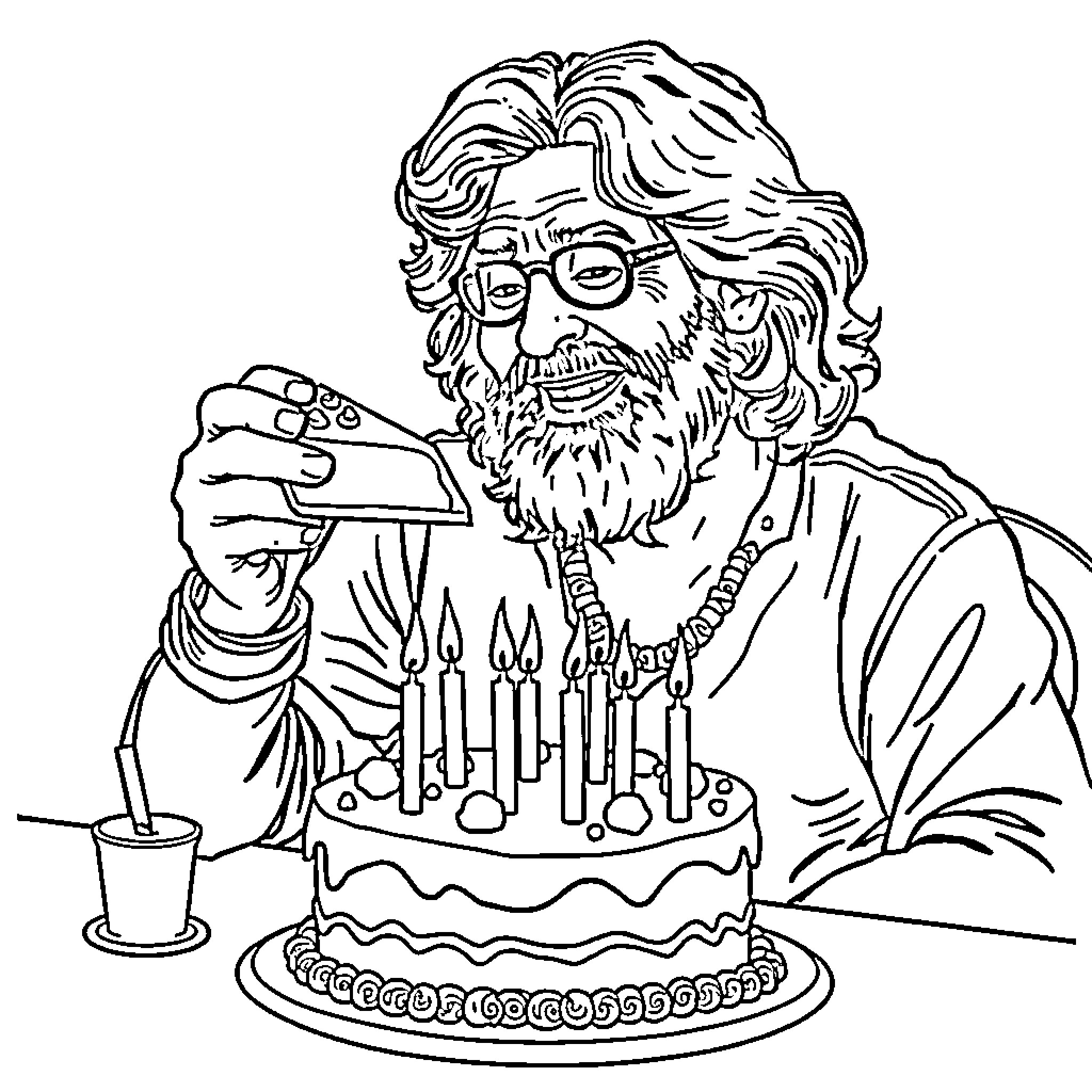 Jerry Garcia Celebrates with Cake and Candles Coloring Page (free black-and-white line drawing printable PDF for all, from beginners to advanced learners, including children, teens, adults, and seniors)