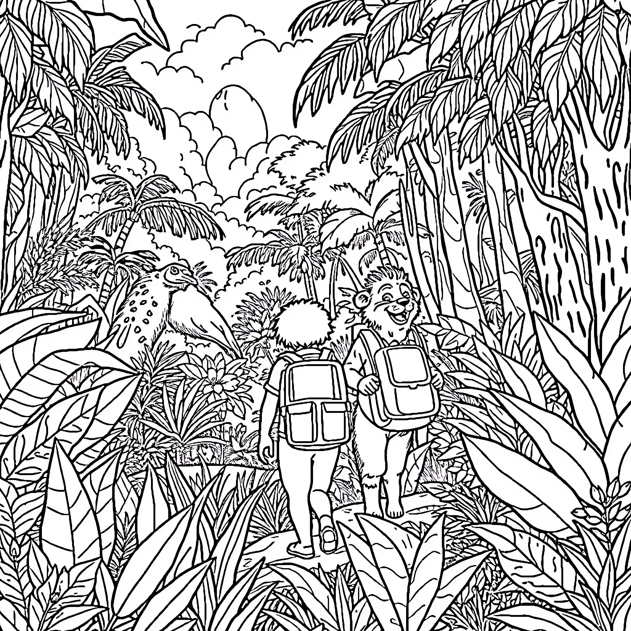 Friend hiking through a lush tropical jungle Coloring Page (free black-and-white line drawing printable PDF for all, from beginners to advanced learners, including children, teens, adults, and seniors)