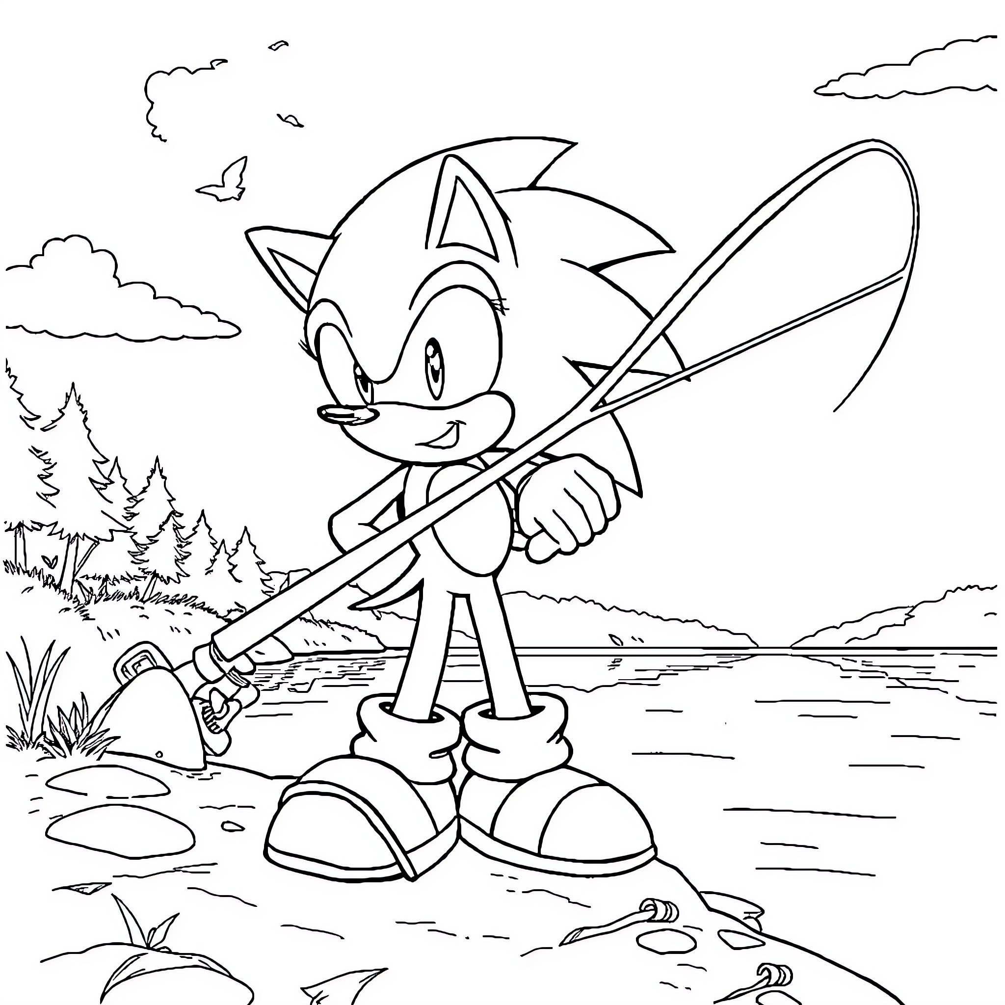 Sonic Fishing by the Lake Coloring Page (free black-and-white line drawing printable PDF for all, from beginners to advanced learners, including children, teens, adults, and seniors)