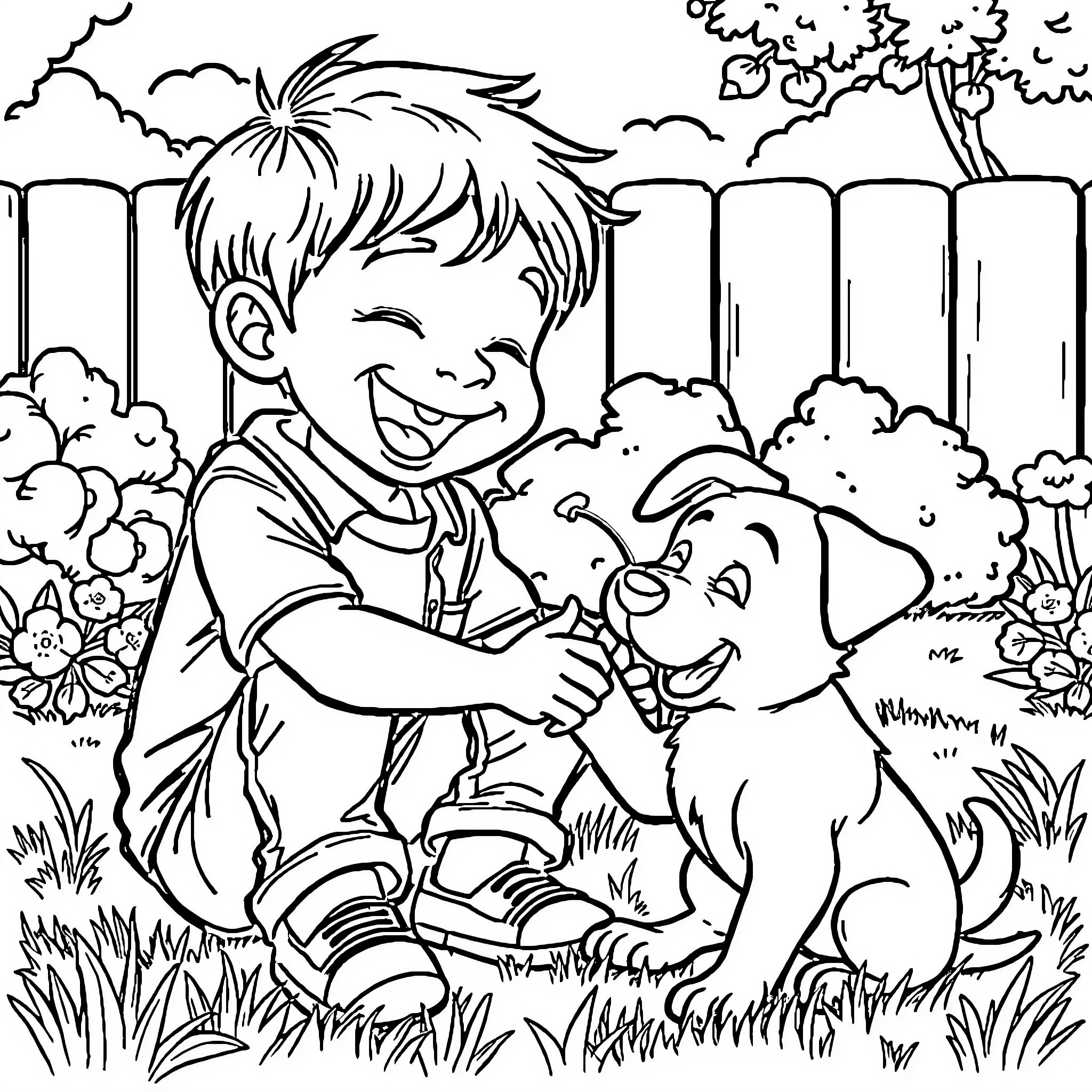 Kid playing happily with puppy in the park Coloring Page (free black-and-white line drawing printable PDF for all, from beginners to advanced learners, including children, teens, adults, and seniors)
