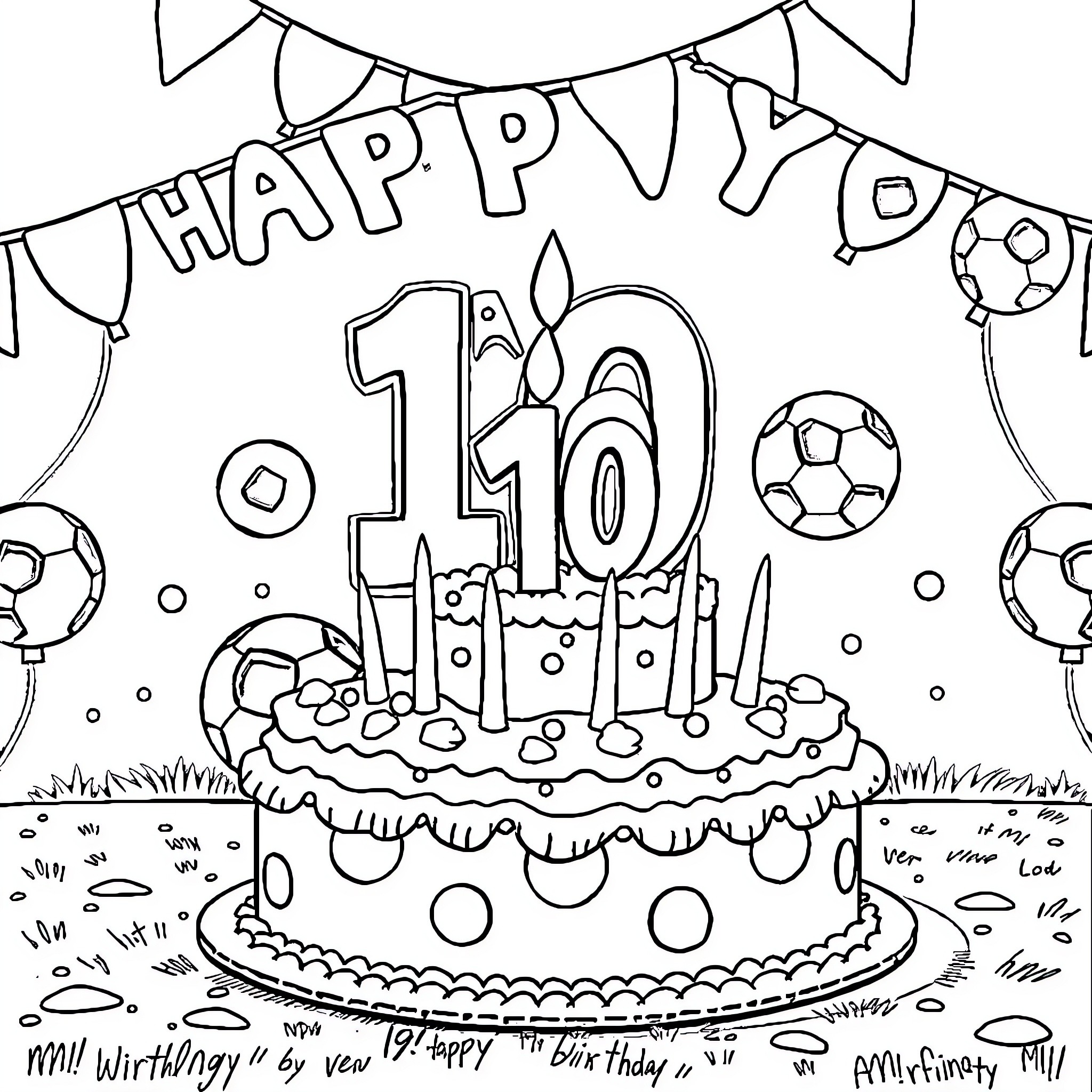 Soccer-themed birthday celebration with cake and decorations Coloring Page (free black-and-white line drawing printable PDF for all, from beginners to advanced learners, including children, teens, adults, and seniors)