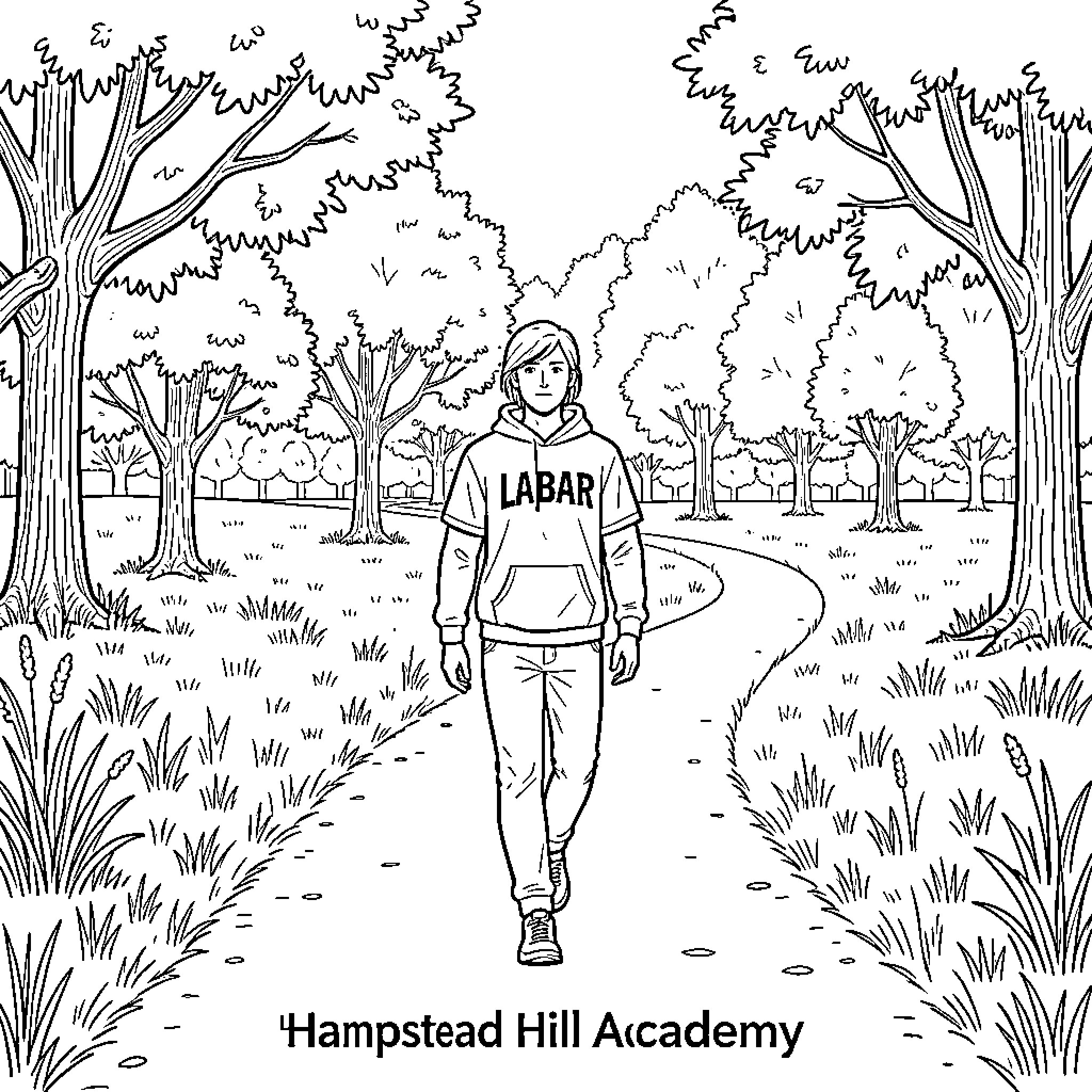 Jason LaBarr walking on a path through trees Coloring Page (free black-and-white line drawing printable PDF for all, from beginners to advanced learners, including children, teens, adults, and seniors)