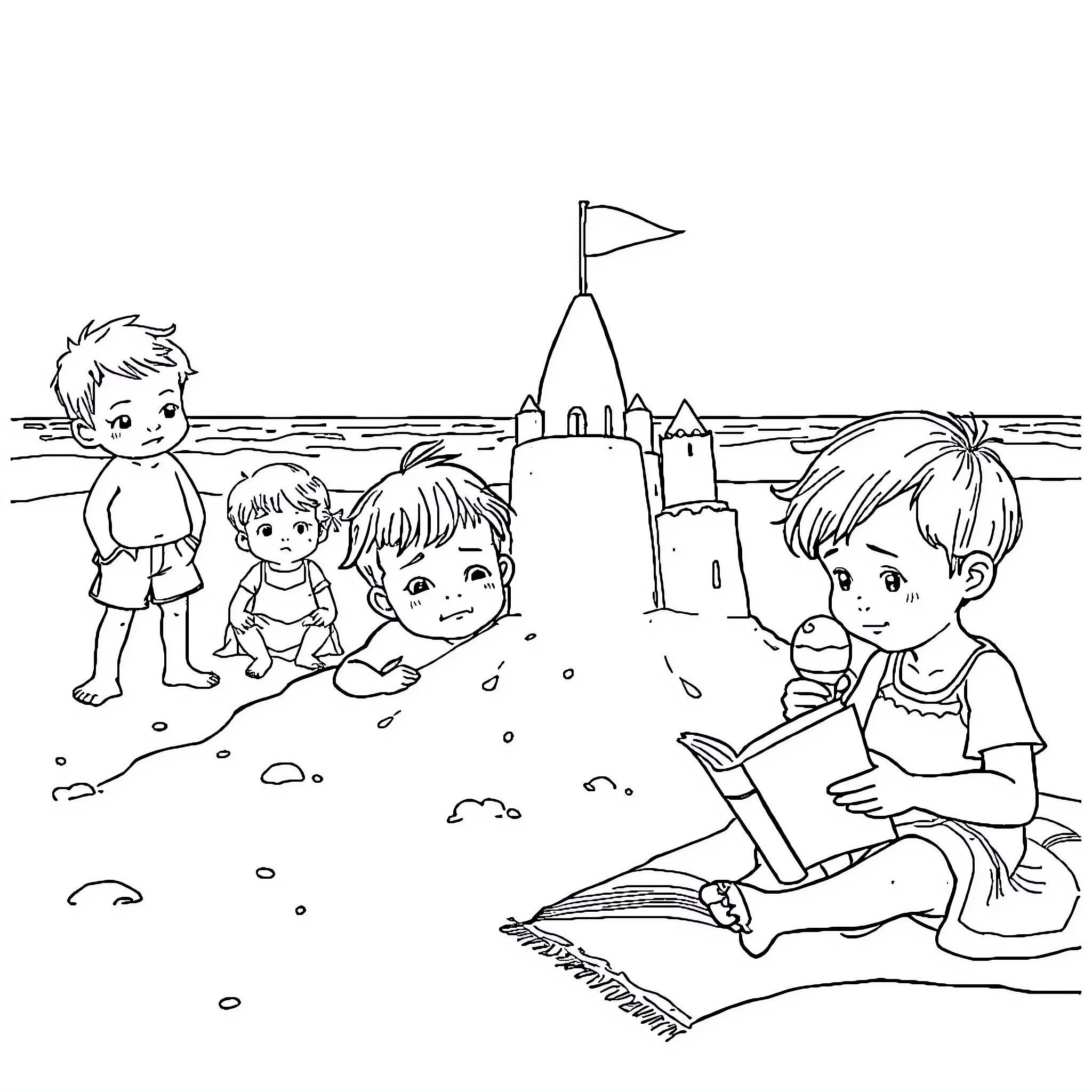 Child's Playful Day at the Beach Coloring Page (free black-and-white line drawing printable PDF for all, from beginners to advanced learners, including children, teens, adults, and seniors)