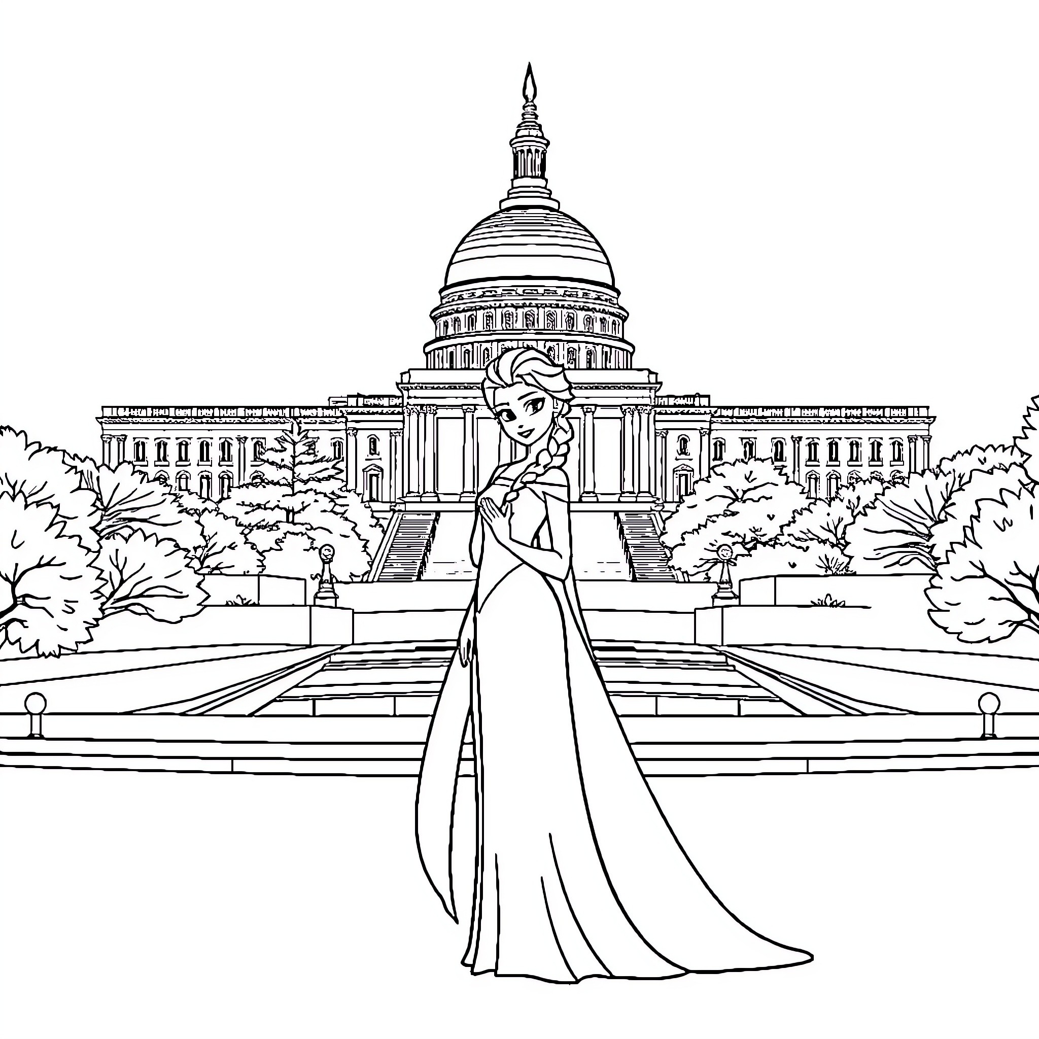 Princess posing gracefully in front of grand Capitol building Coloring Page (free black-and-white line drawing printable PDF for all, from beginners to advanced learners, including children, teens, adults, and seniors)