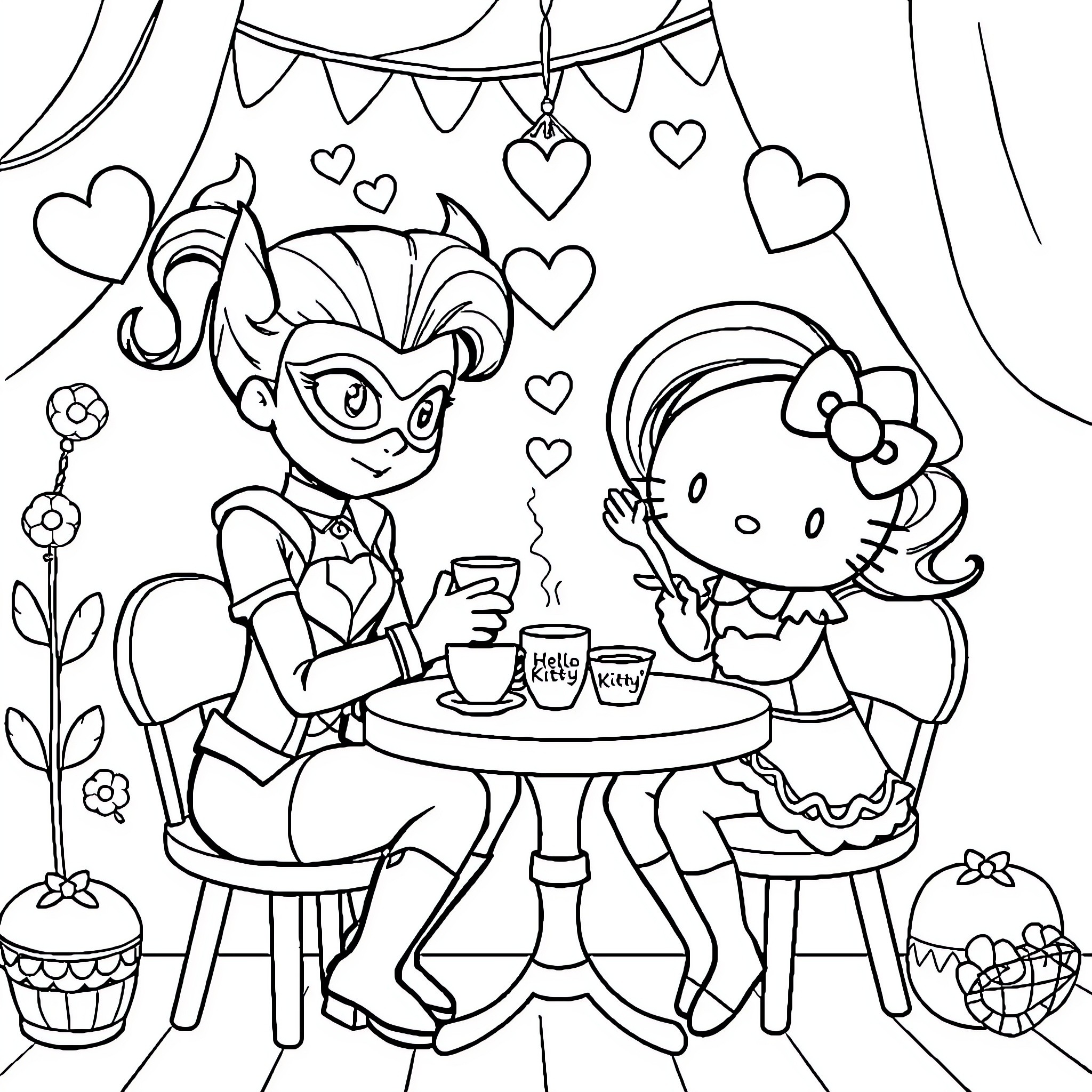 Starfire friends enjoying a tea party together Coloring Page (free black-and-white line drawing printable PDF for all, from beginners to advanced learners, including children, teens, adults, and seniors)