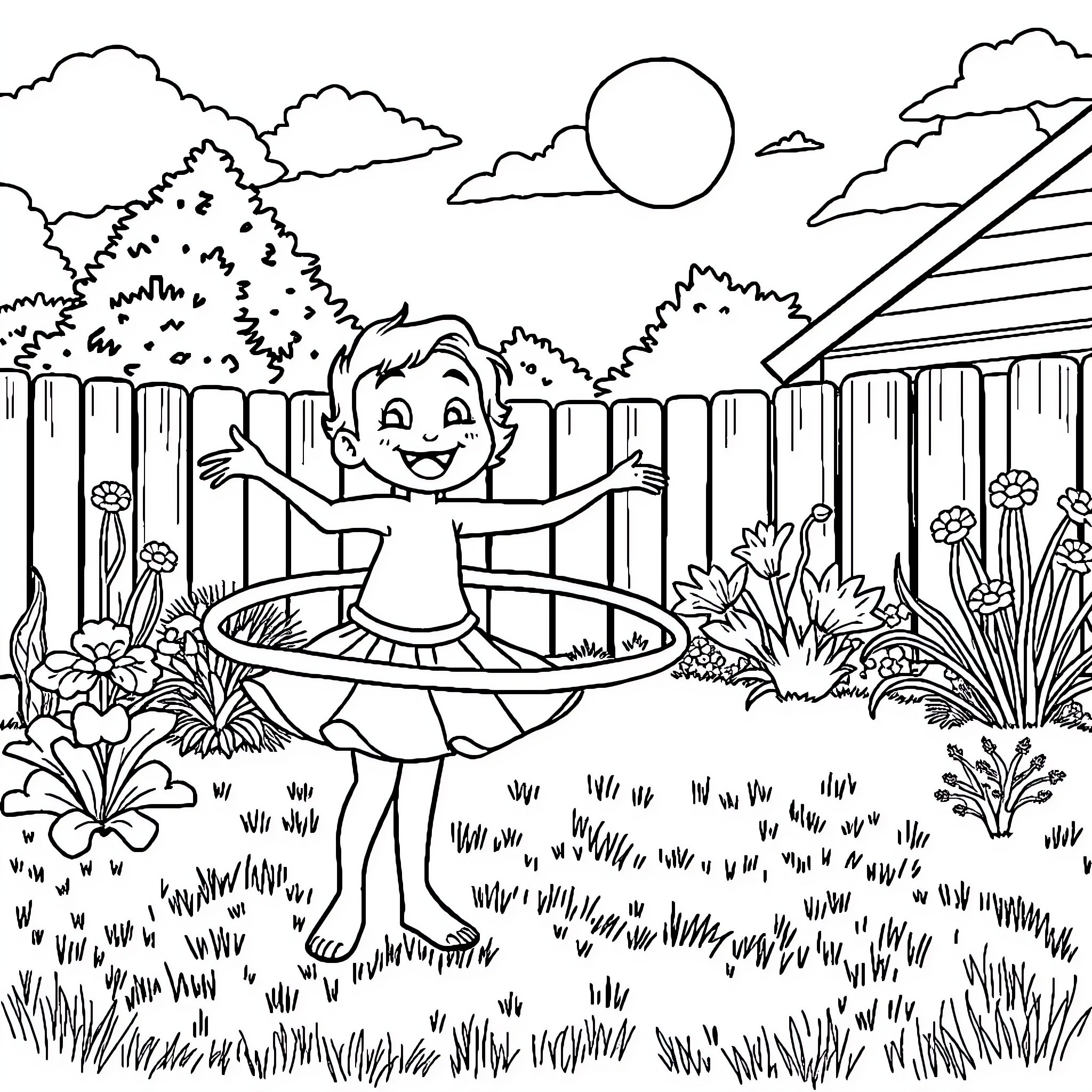 Bluey playing joyfully in the backyard Coloring Page (free black-and-white line drawing printable PDF for all, from beginners to advanced learners, including children, teens, adults, and seniors)