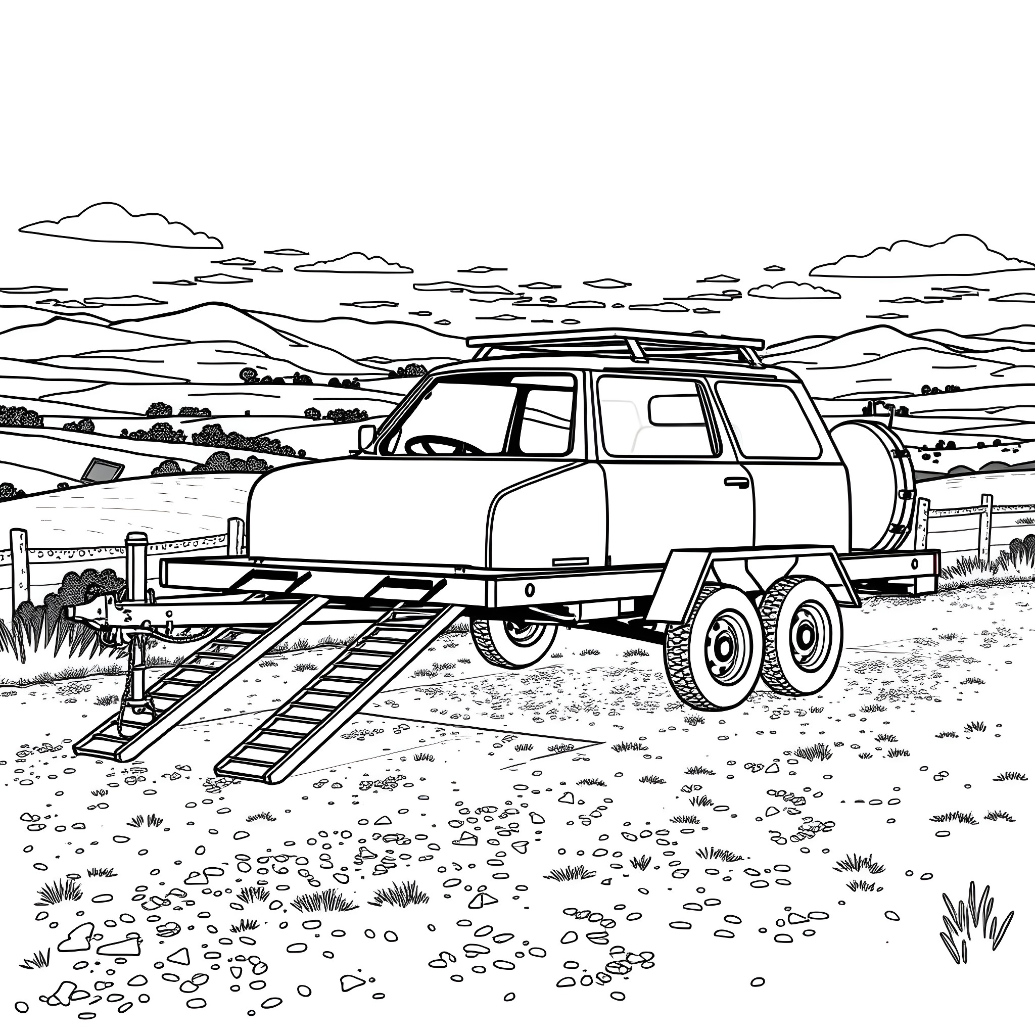 Car Trailer Transporting Vehicle on Countryside Road Coloring Page (free black-and-white line drawing printable PDF for all, from beginners to advanced learners, including children, teens, adults, and seniors)