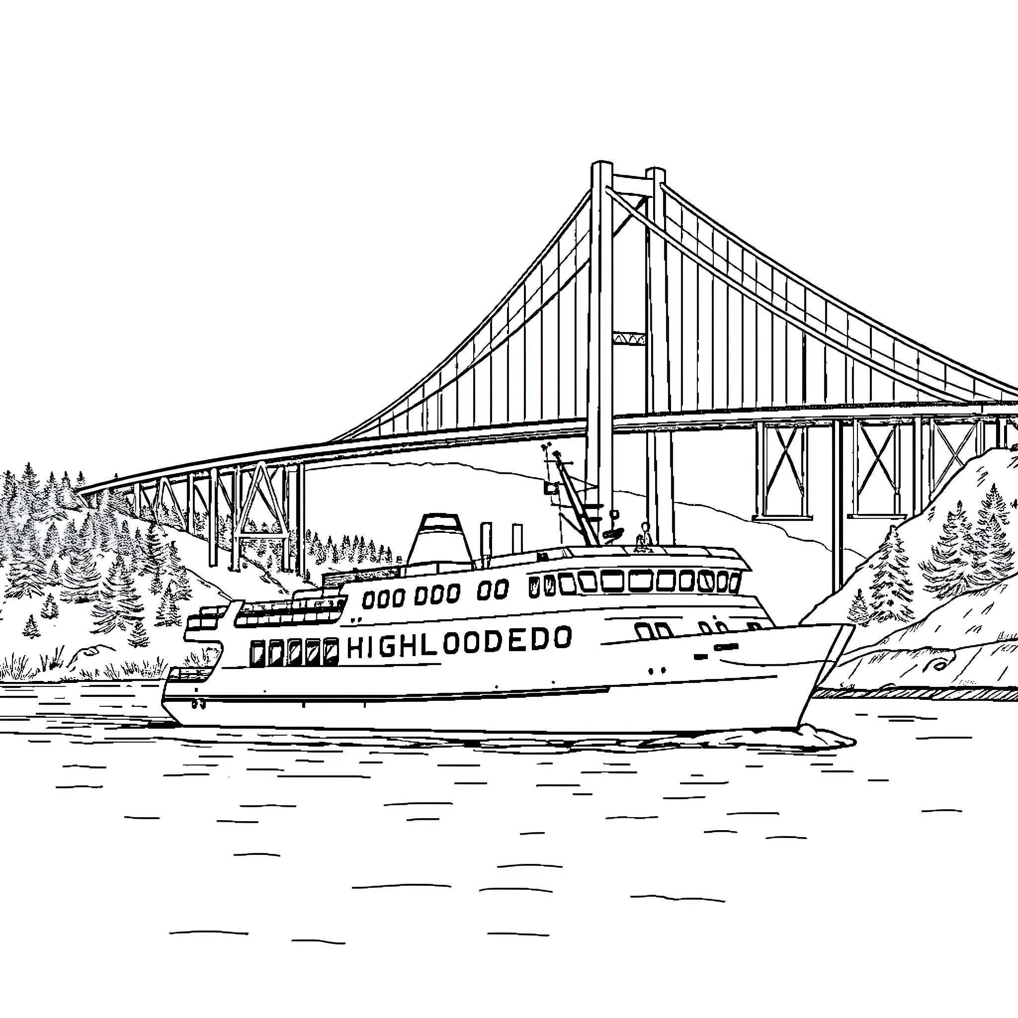 Mv Highlanders cruising under suspension bridge Coloring Page (free black-and-white line drawing printable PDF for all, from beginners to advanced learners, including children, teens, adults, and seniors)
