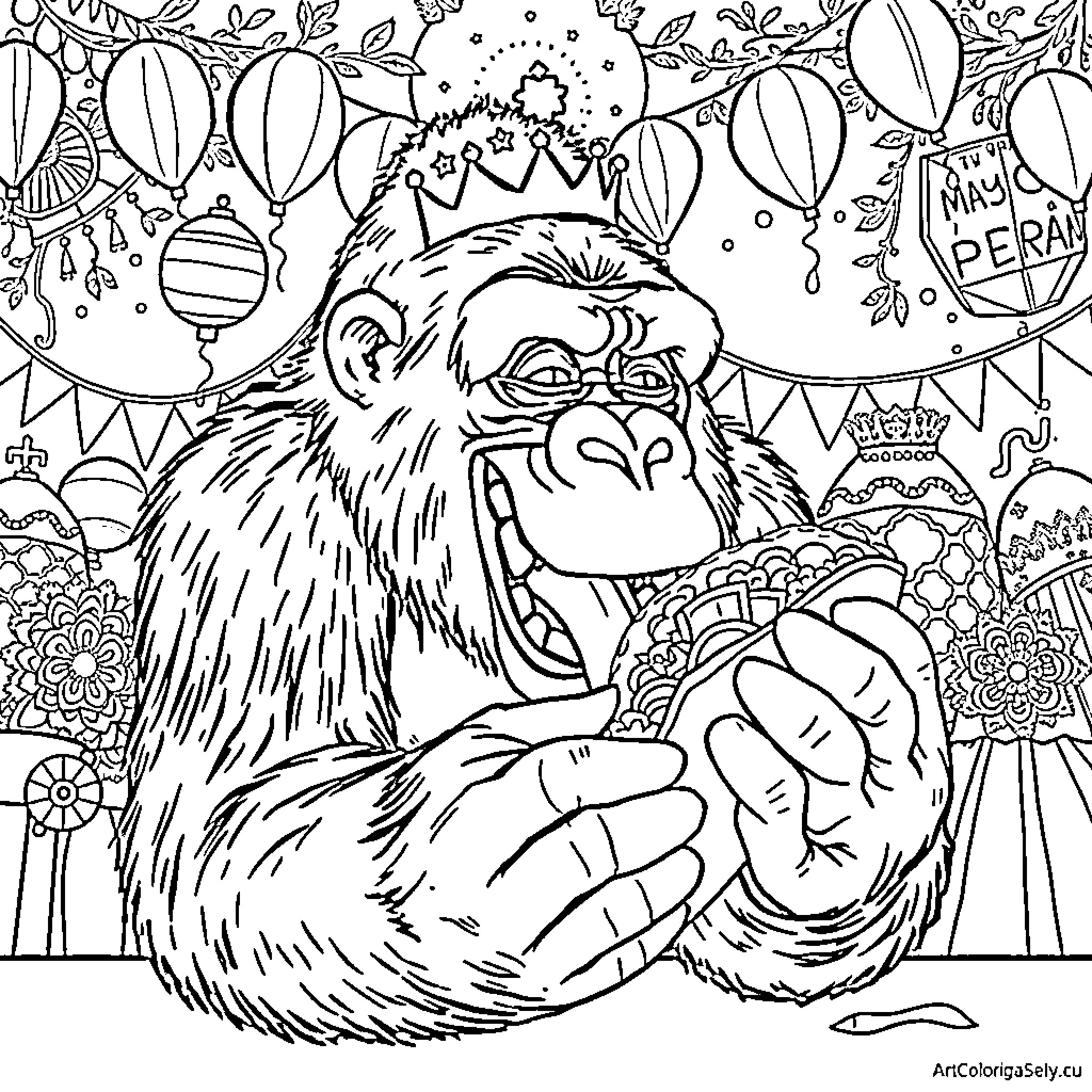 Gorilla celebrating at a festive party Coloring Page (free black-and-white line drawing printable PDF for all, from beginners to advanced learners, including children, teens, adults, and seniors)