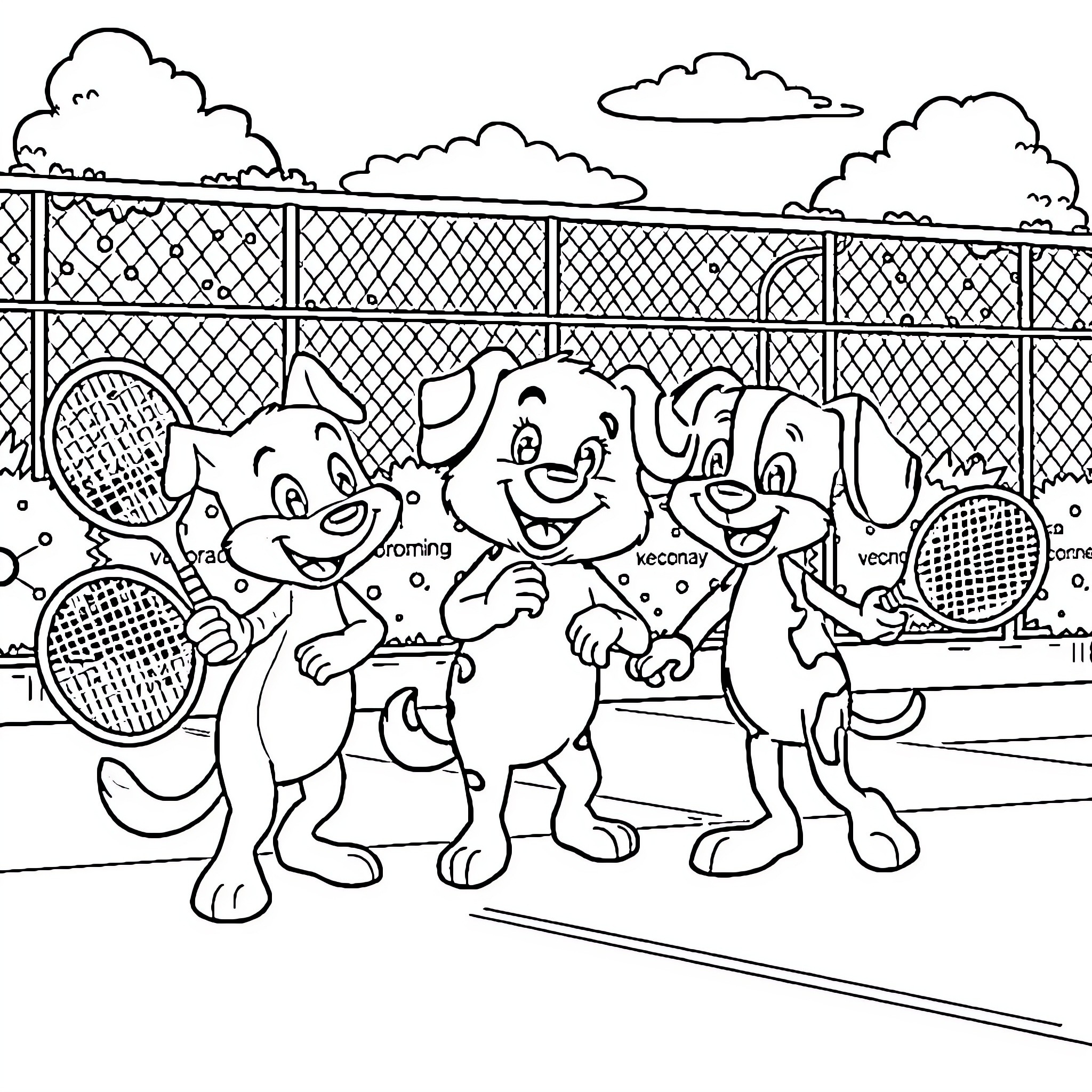 Bluey and friends playing tennis on the court Coloring Page (free black-and-white line drawing printable PDF for all, from beginners to advanced learners, including children, teens, adults, and seniors)