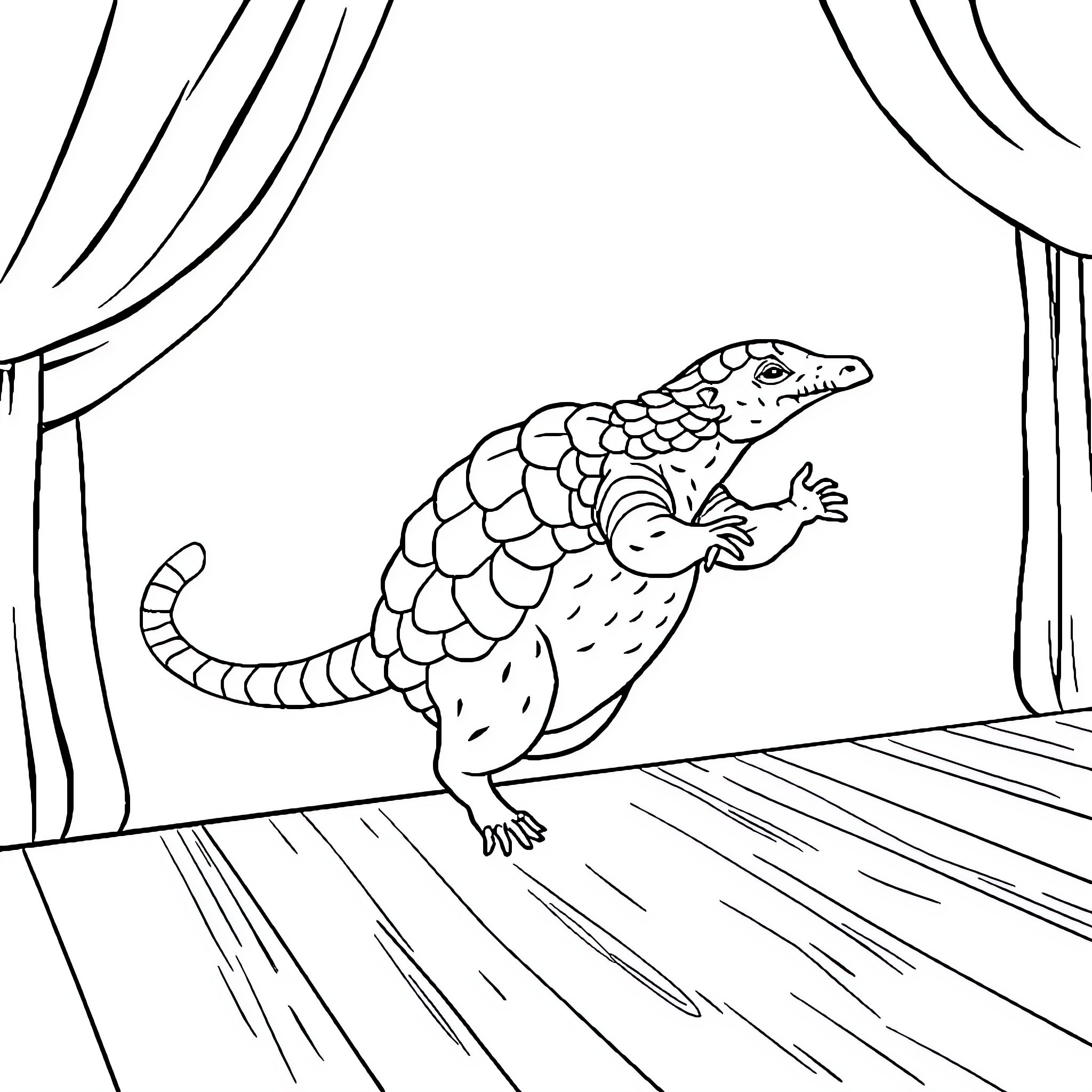 Pangolin performing on stage Coloring Page (free black-and-white line drawing printable PDF for all, from beginners to advanced learners, including children, teens, adults, and seniors)