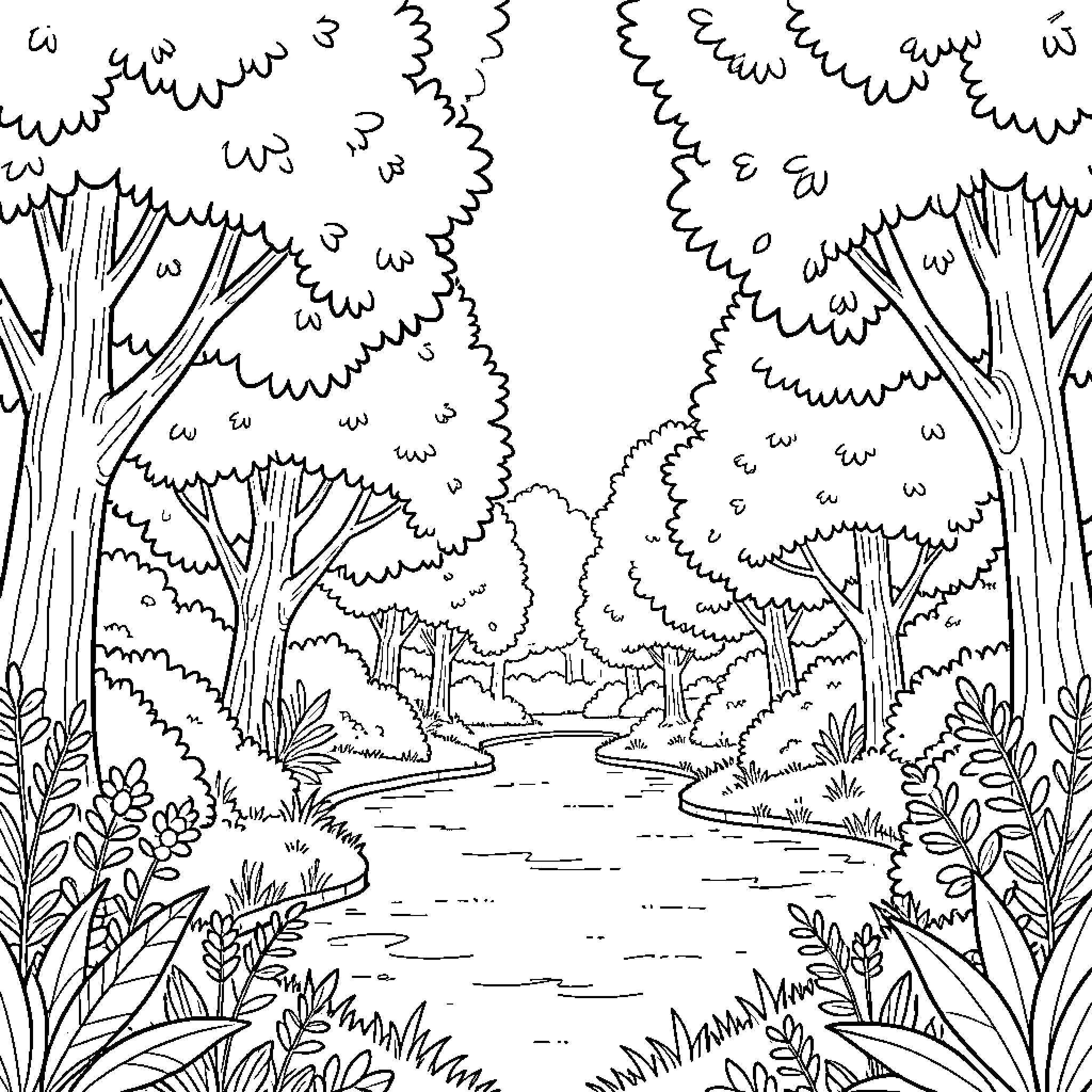 Linlinkong's Enchanting Forest Adventure Coloring Page (free black-and-white line drawing printable PDF for all, from beginners to advanced learners, including children, teens, adults, and seniors)