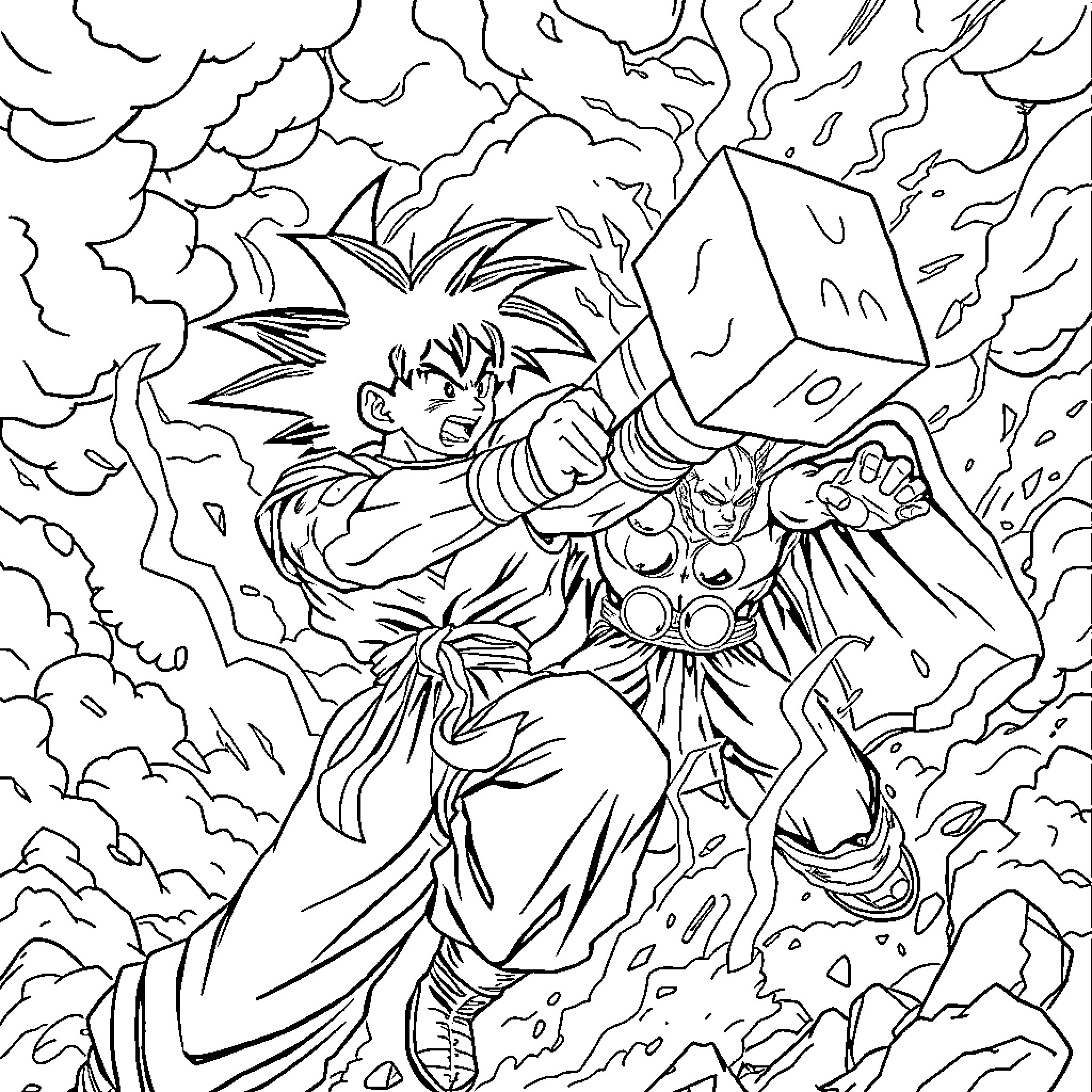 Goku using a powerful attack in a fierce battle Coloring Page (free black-and-white line drawing printable PDF for all, from beginners to advanced learners, including children, teens, adults, and seniors)
