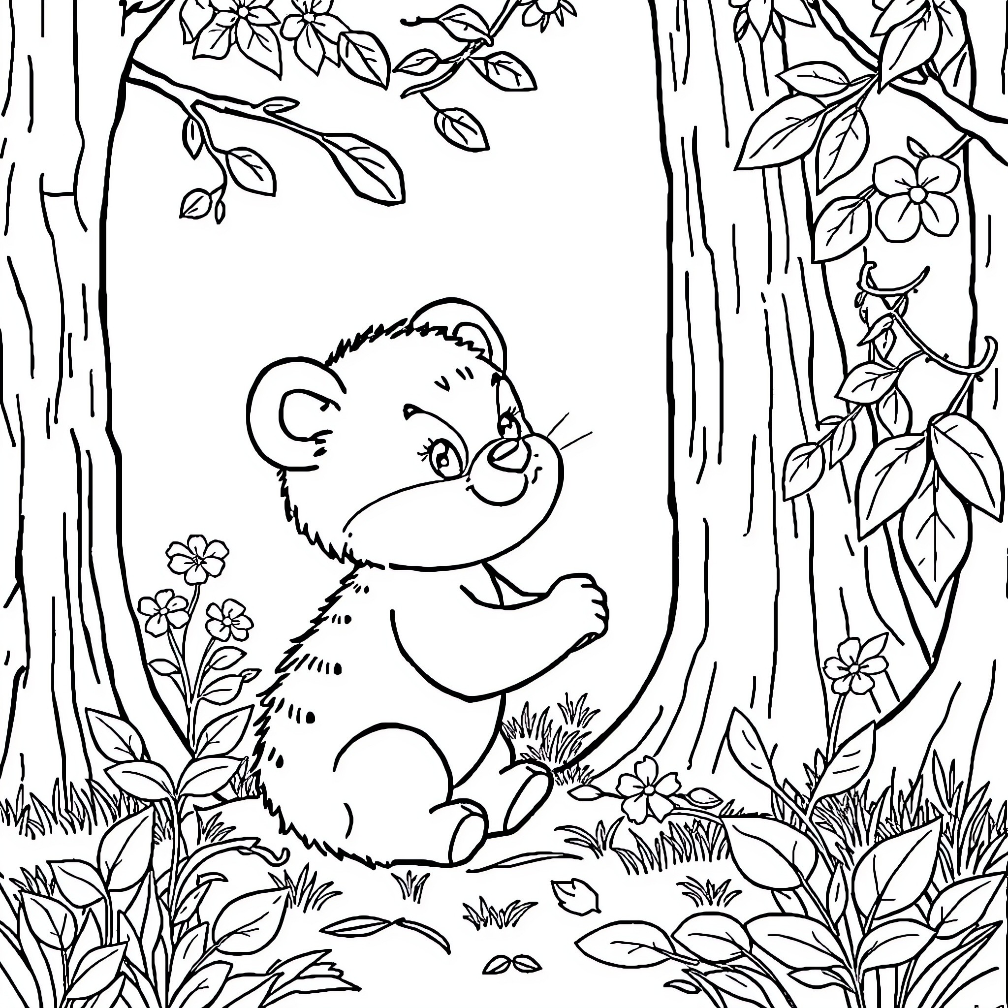 Petit Ours Brun playing in the forest Coloring Page (free black-and-white line drawing printable PDF for all, from beginners to advanced learners, including children, teens, adults, and seniors)