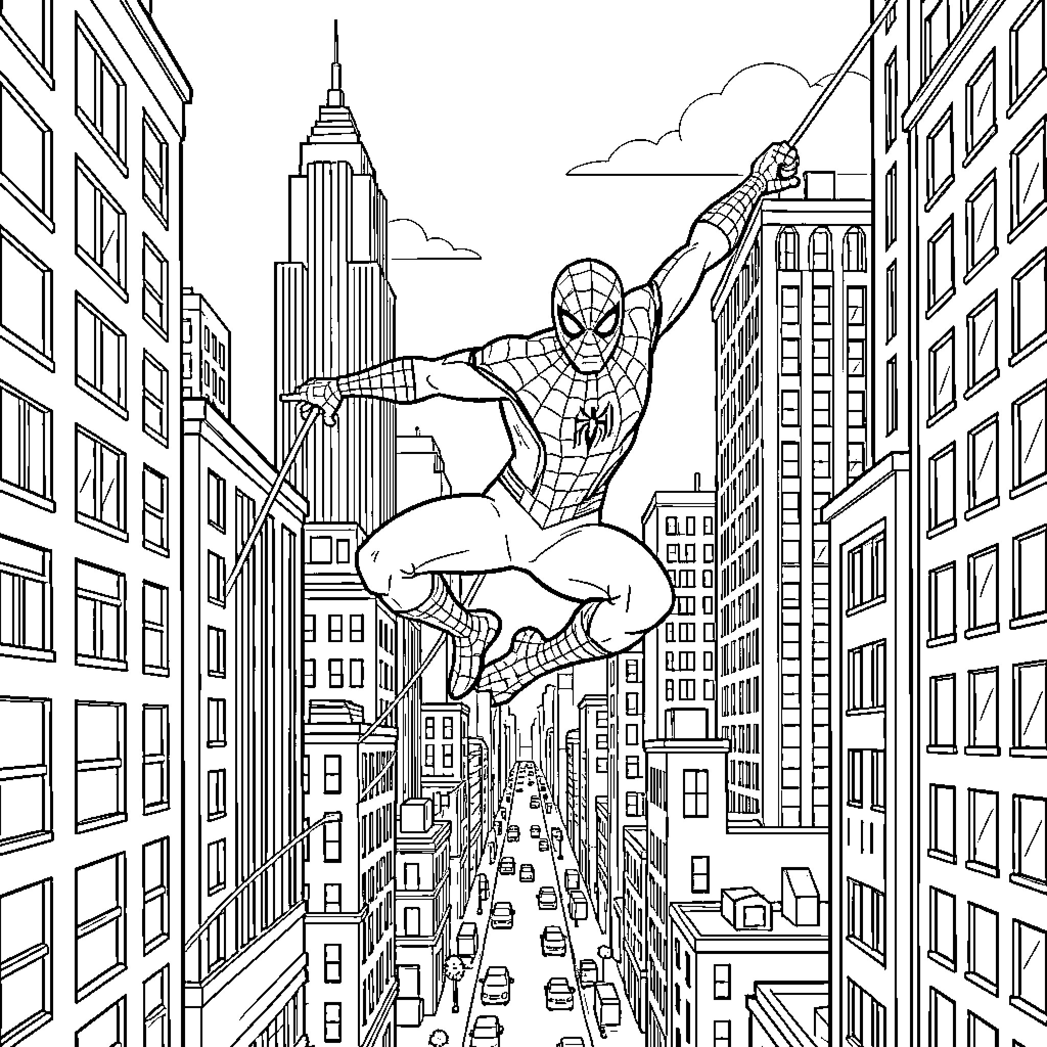 Spiderman swinging through the urban cityscape Coloring Page (free black-and-white line drawing printable PDF for all, from beginners to advanced learners, including children, teens, adults, and seniors)