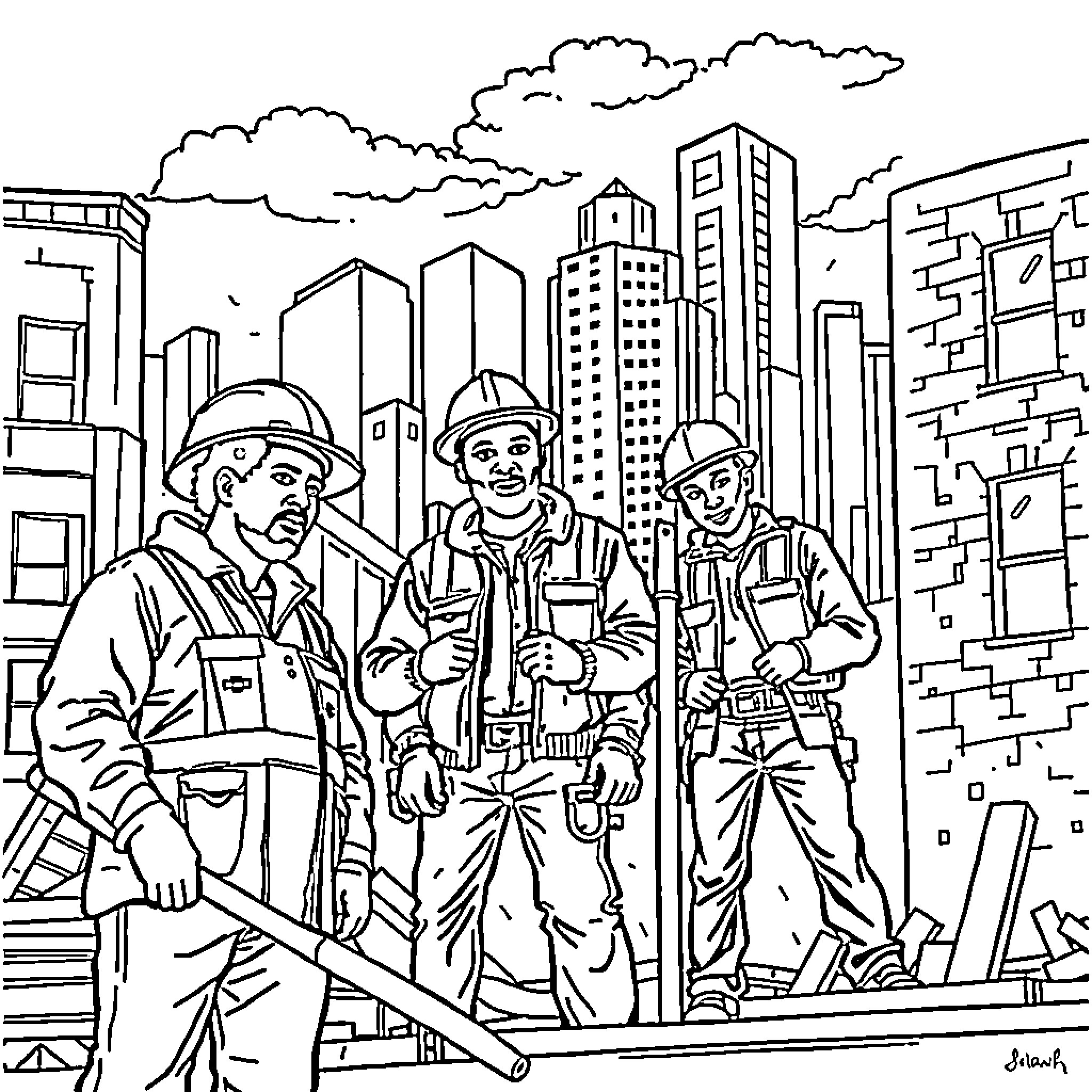 Builder team working on construction site Coloring Page (free black-and-white line drawing printable PDF for all, from beginners to advanced learners, including children, teens, adults, and seniors)