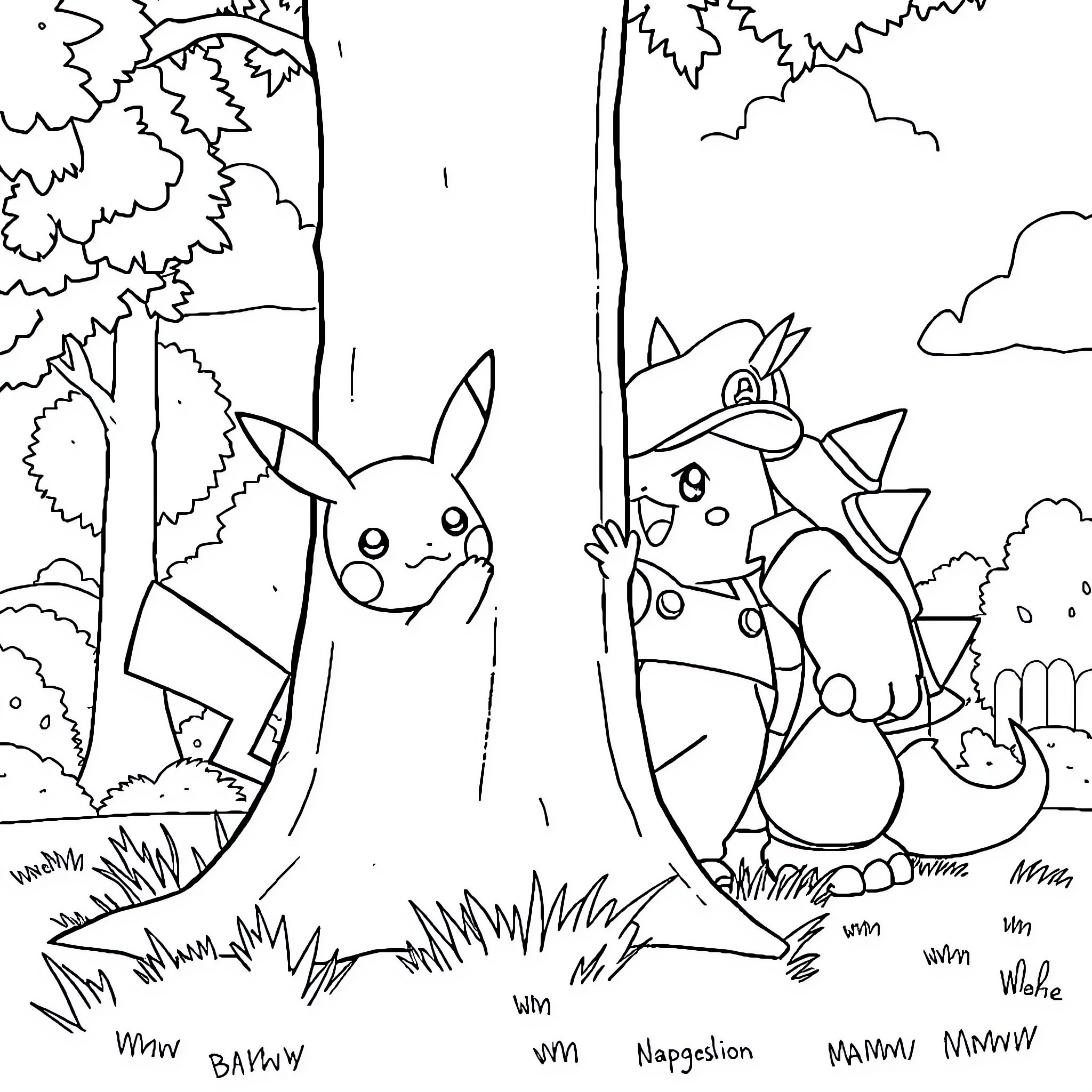 Pikachu and Napstalion exploring the forest Coloring Page (free black-and-white line drawing printable PDF for all, from beginners to advanced learners, including children, teens, adults, and seniors)