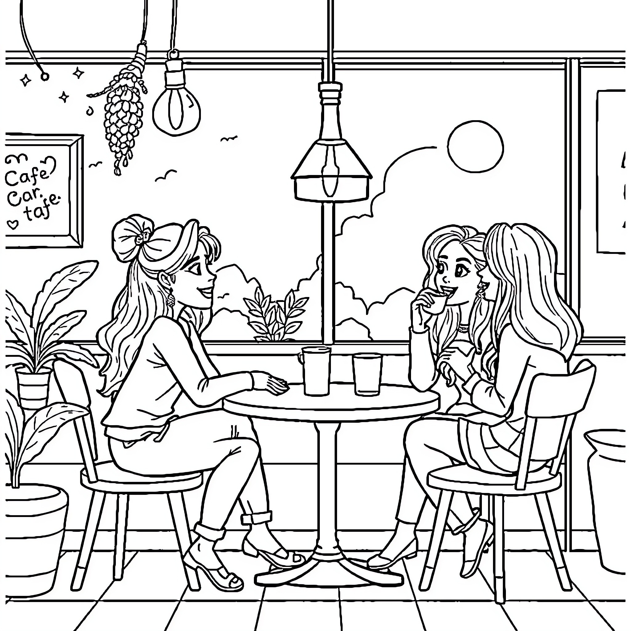 Gabby's Cafe Chat with Friends Coloring Page (free black-and-white line drawing printable PDF for all, from beginners to advanced learners, including children, teens, adults, and seniors)