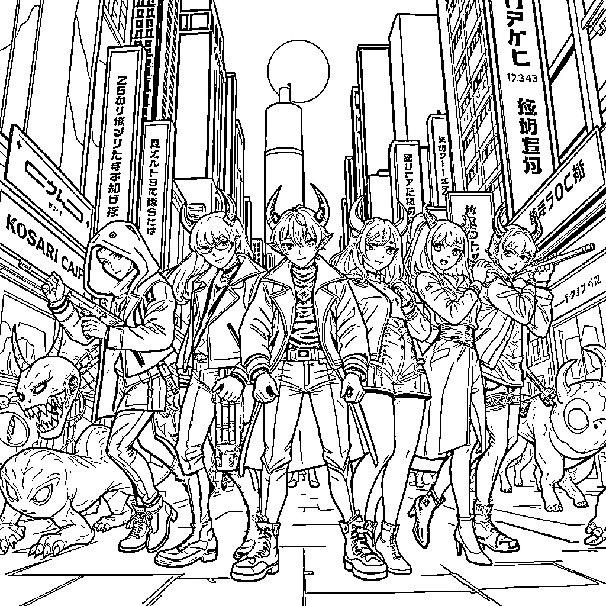 Demon Hunter Confronts Adversaries in Urban Landscape Coloring Page (free black-and-white line drawing printable PDF for all, from beginners to advanced learners, including children, teens, adults, and seniors)