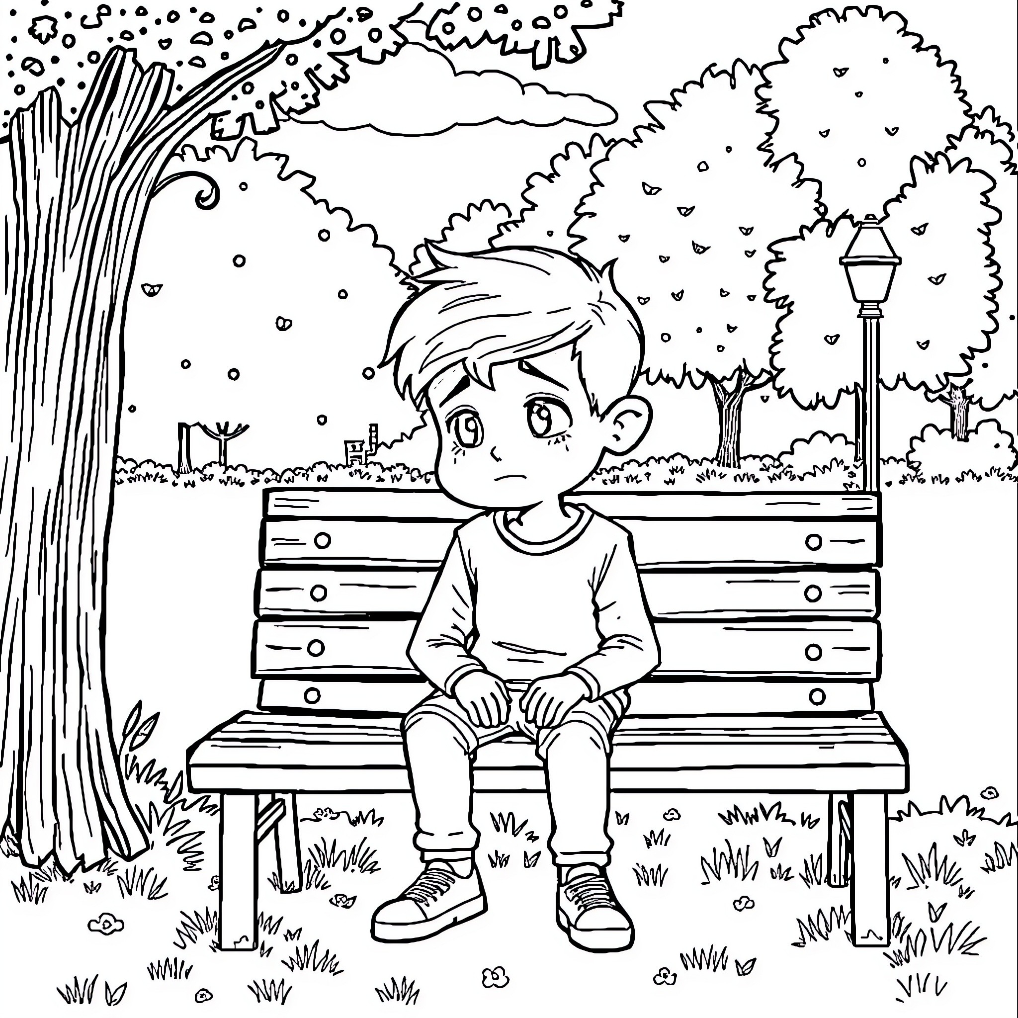 Teenager sitting alone on a park bench Coloring Page (free black-and-white line drawing printable PDF for all, from beginners to advanced learners, including children, teens, adults, and seniors)