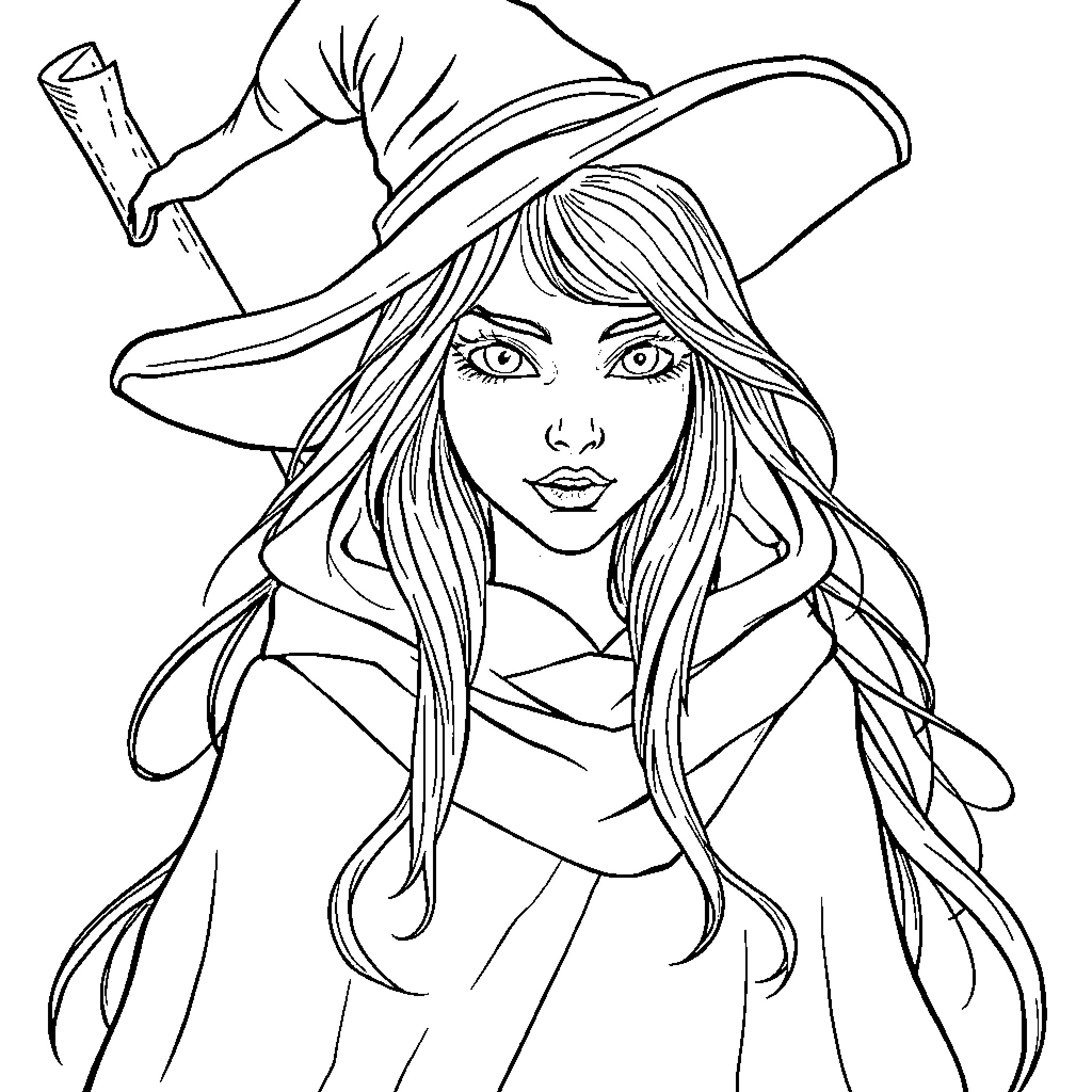 Witch casting a spell with magical wand Coloring Page (free black-and-white line drawing printable PDF for all, from beginners to advanced learners, including children, teens, adults, and seniors)