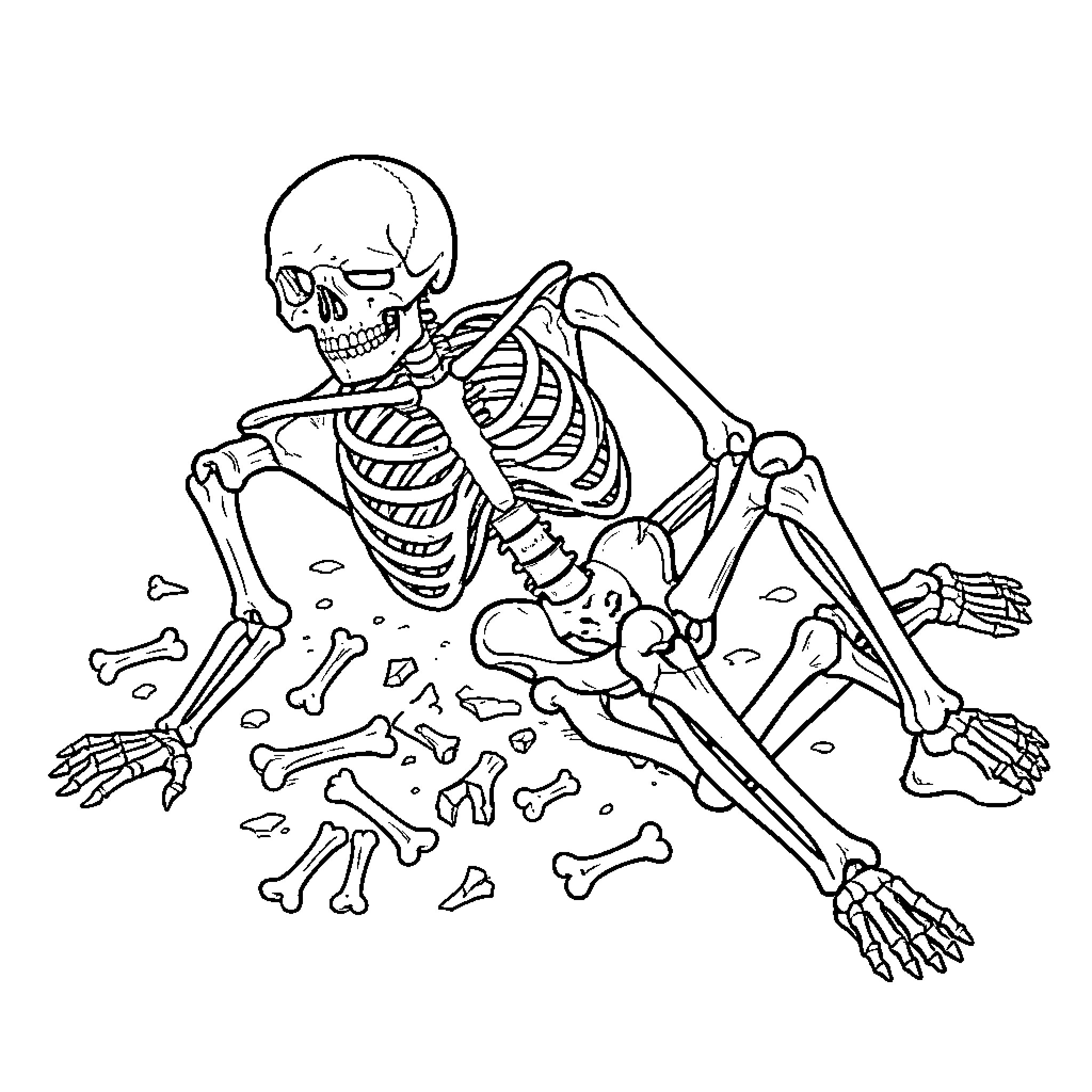 Skeleton sitting amidst a pile of scattered bones Coloring Page (free black-and-white line drawing printable PDF for all, from beginners to advanced learners, including children, teens, adults, and seniors)