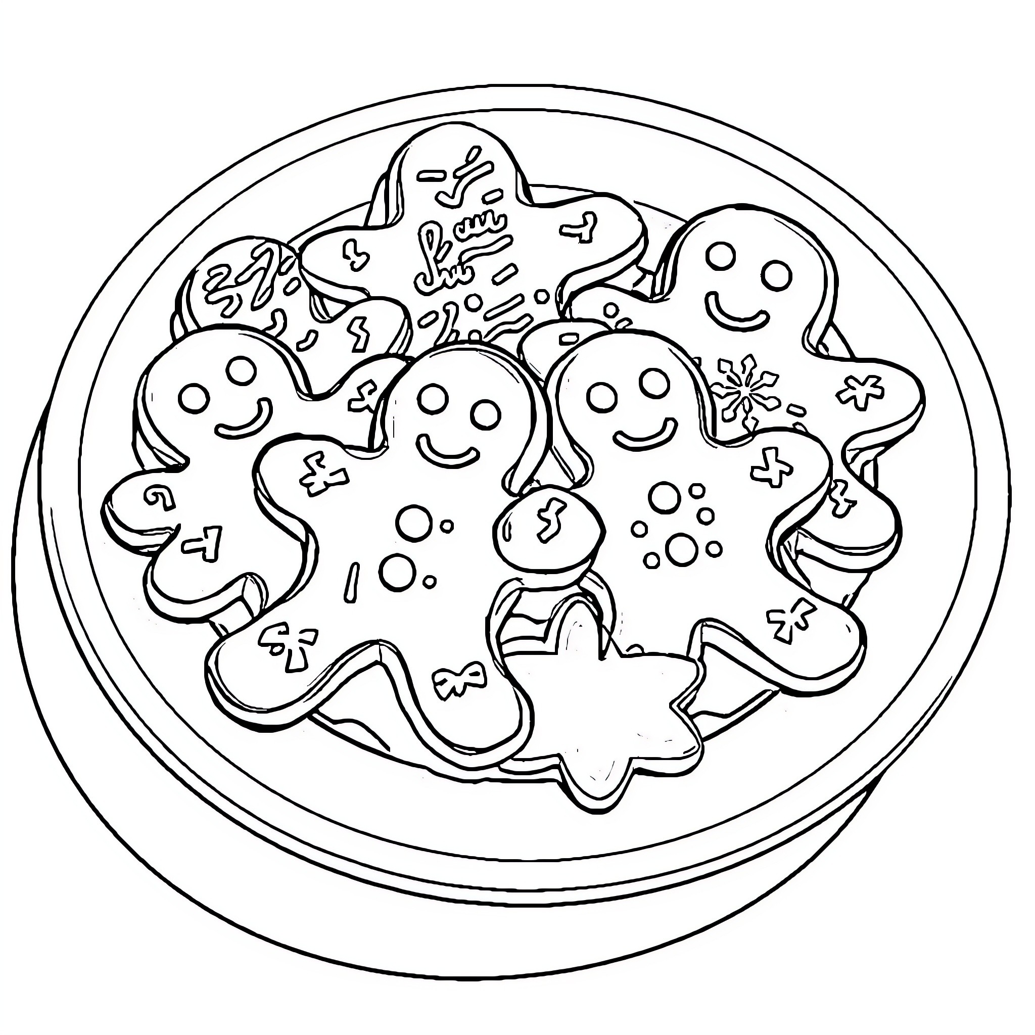 Gingerbread Cookie Platter with Festive Shapes Coloring Page (free black-and-white line drawing printable PDF for all, from beginners to advanced learners, including children, teens, adults, and seniors)