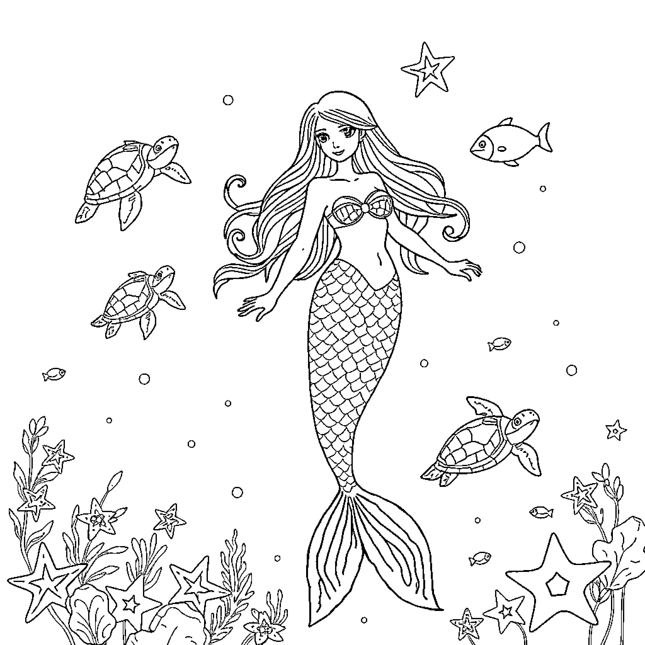 Mermaid swimming gracefully among sea creatures Coloring Page (free black-and-white line drawing printable PDF for all, from beginners to advanced learners, including children, teens, adults, and seniors)