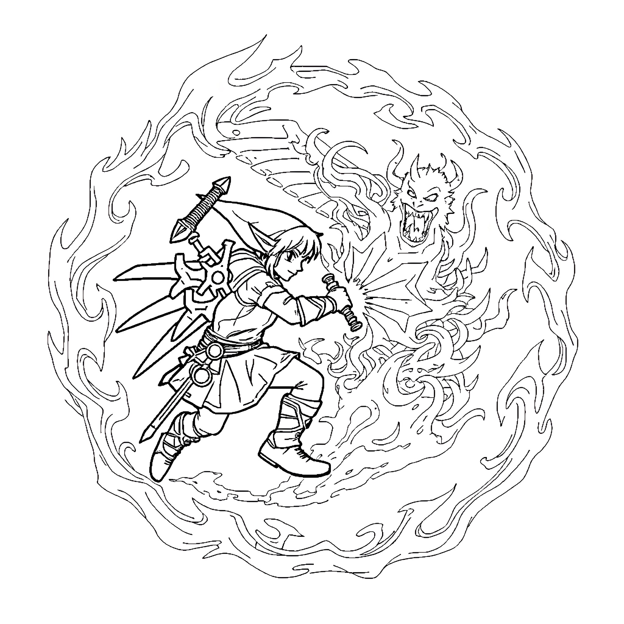 Link Battling Fierce Monsters with Flames Coloring Page (free black-and-white line drawing printable PDF for all, from beginners to advanced learners, including children, teens, adults, and seniors)