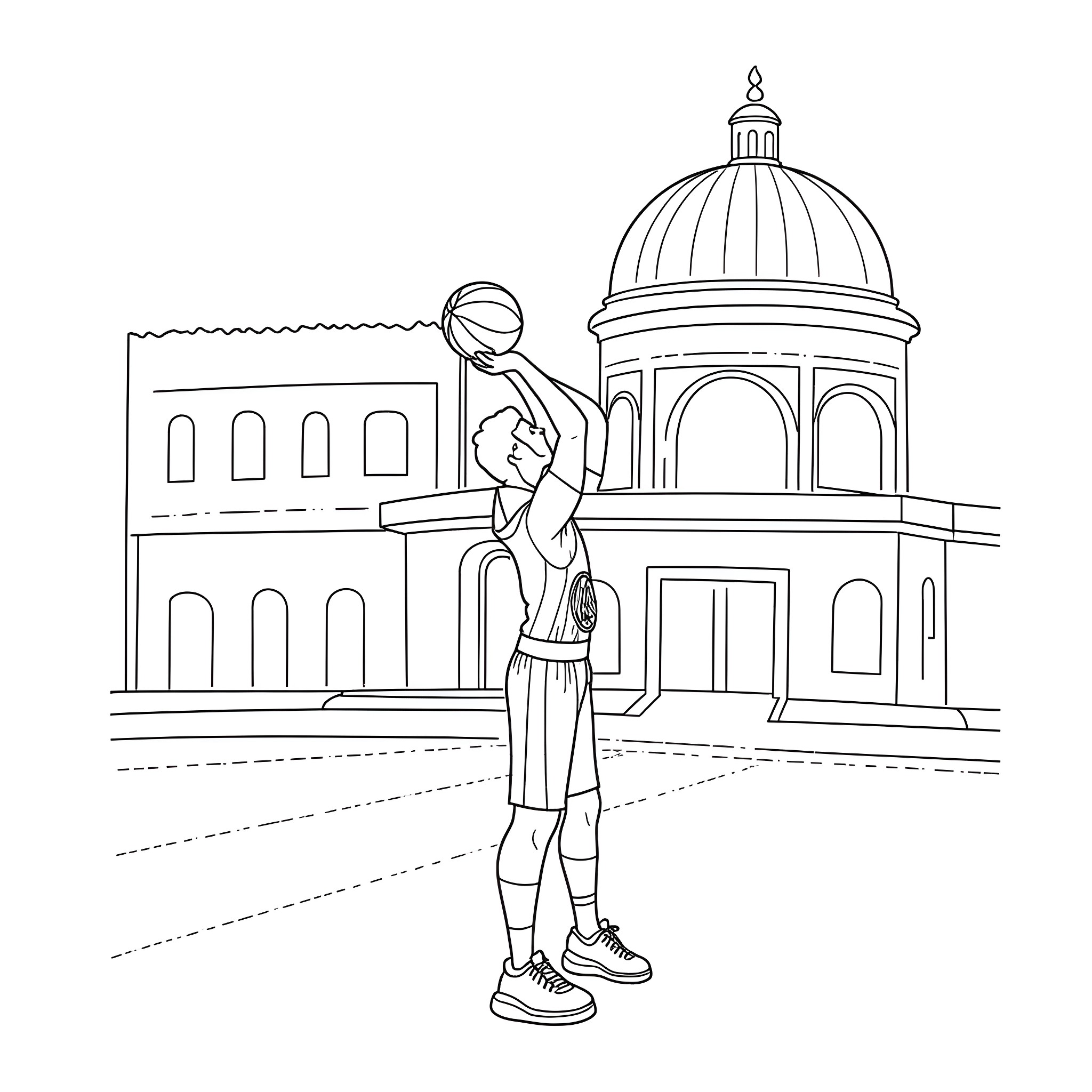Basketball Player Shooting in Historic Urban Setting Coloring Page (free black-and-white line drawing printable PDF for all, from beginners to advanced learners, including children, teens, adults, and seniors)