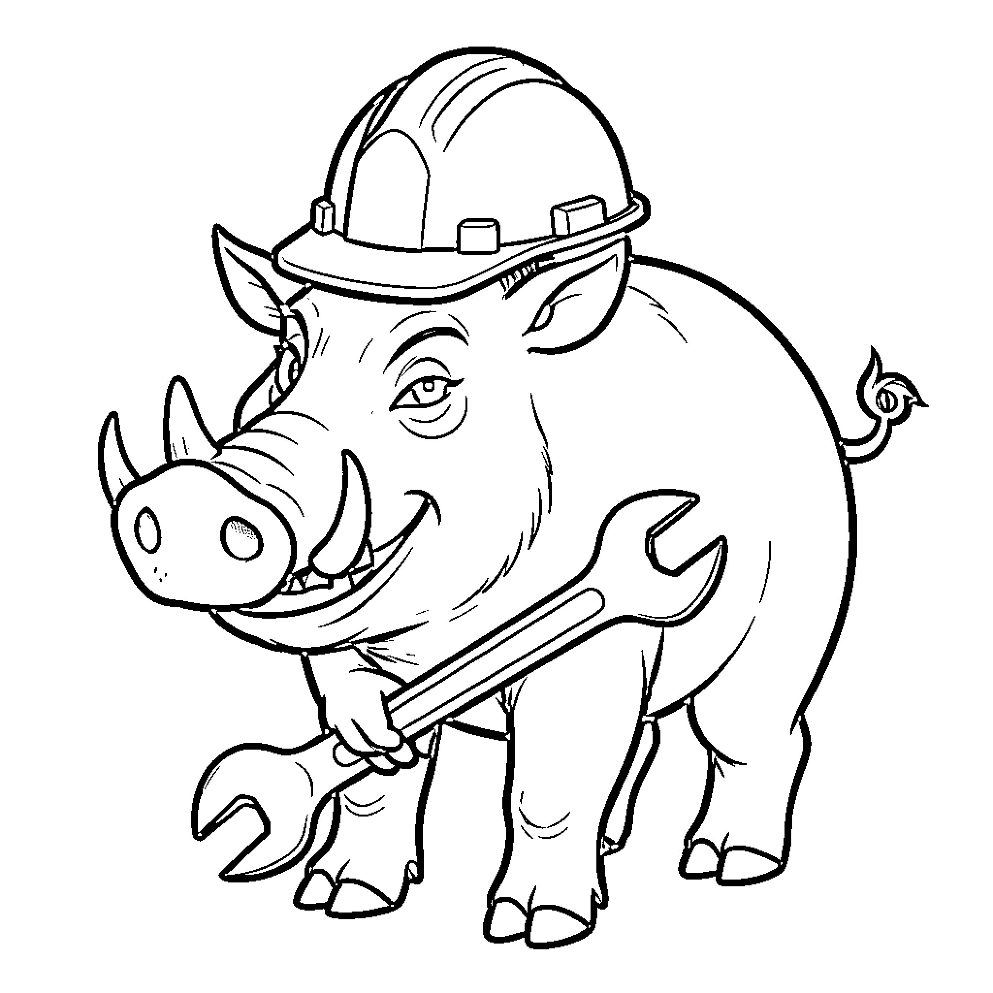 Jabalí wearing a hard hat with a wrench Coloring Page (free black-and-white line drawing printable PDF for all, from beginners to advanced learners, including children, teens, adults, and seniors)
