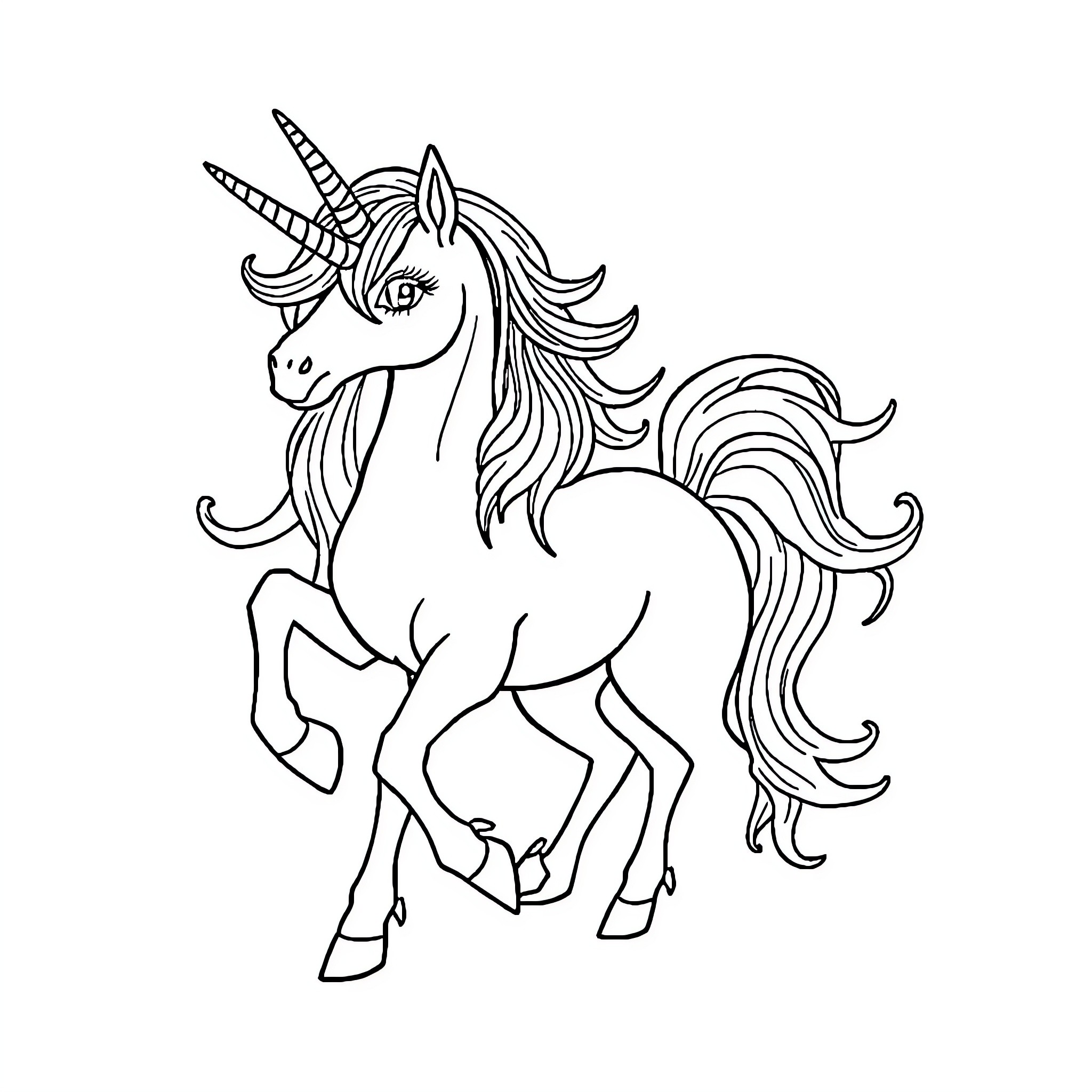 Unicorn galloping with flowing mane and horn Coloring Page (free black-and-white line drawing printable PDF for all, from beginners to advanced learners, including children, teens, adults, and seniors)