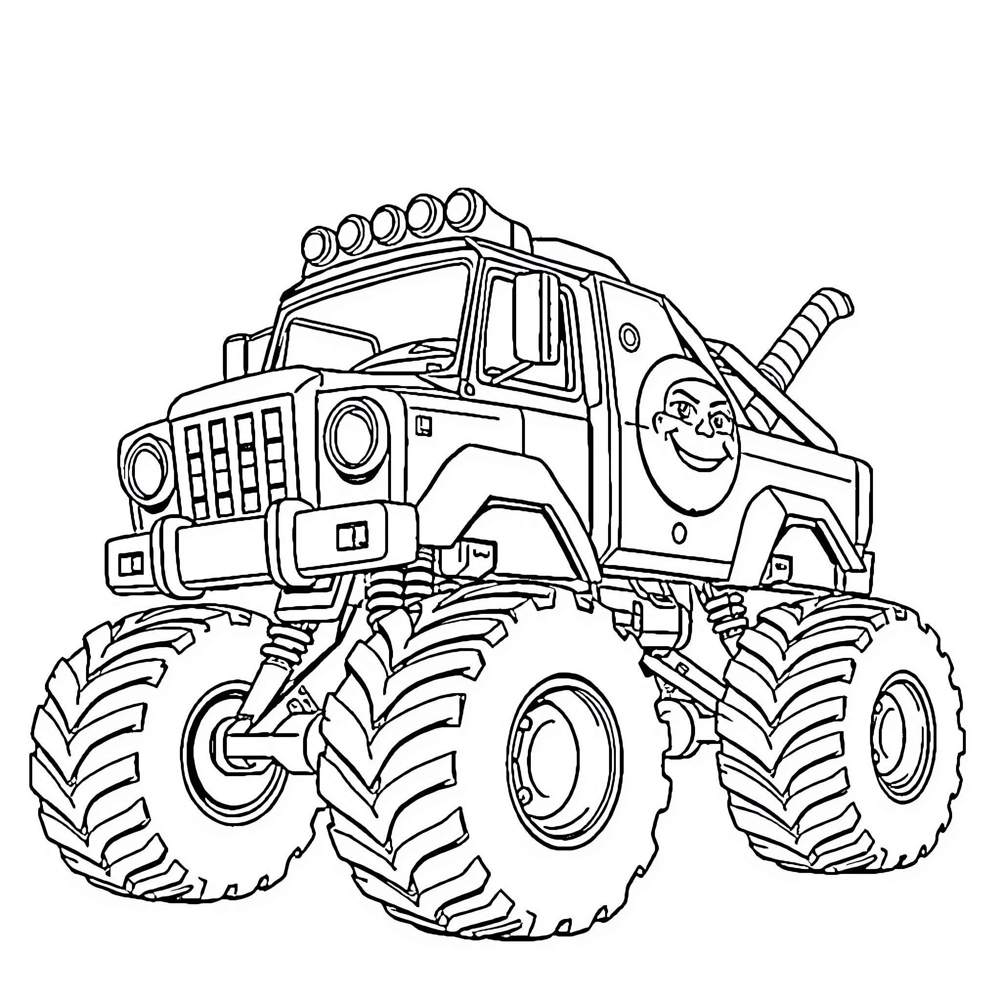 Monster Truck Driving Over Obstacles with Glee Coloring Page (free black-and-white line drawing printable PDF for all, from beginners to advanced learners, including children, teens, adults, and seniors)