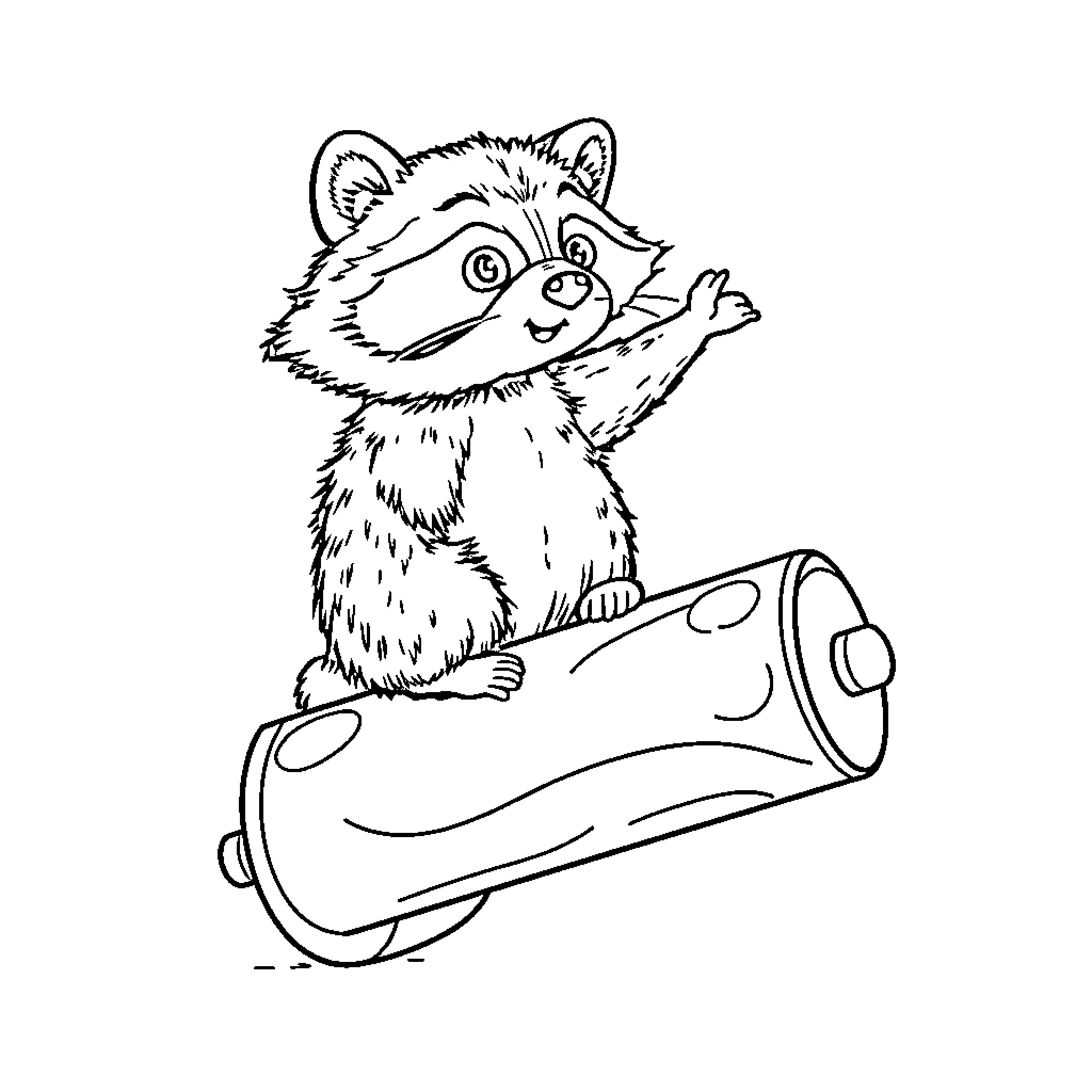 Raccoon riding a toy car playfully Coloring Page (free black-and-white line drawing printable PDF for all, from beginners to advanced learners, including children, teens, adults, and seniors)