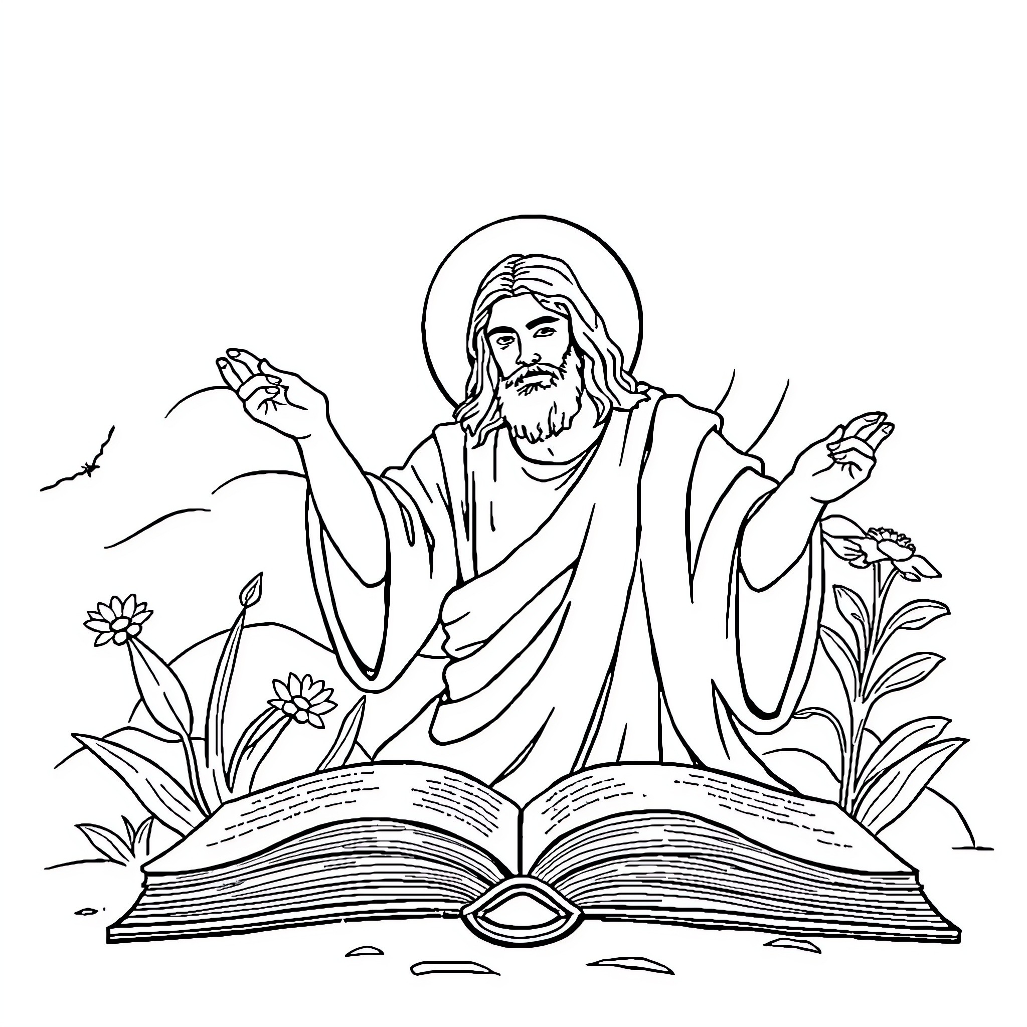 Jesus Christ teaching from an open book surrounded by nature Coloring Page (free black-and-white line drawing printable PDF for all, from beginners to advanced learners, including children, teens, adults, and seniors)