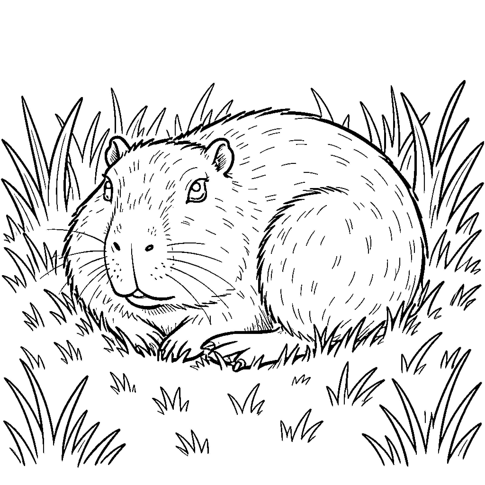 Capybara resting in the grass Coloring Page (free black-and-white line drawing printable PDF for all, from beginners to advanced learners, including children, teens, adults, and seniors)