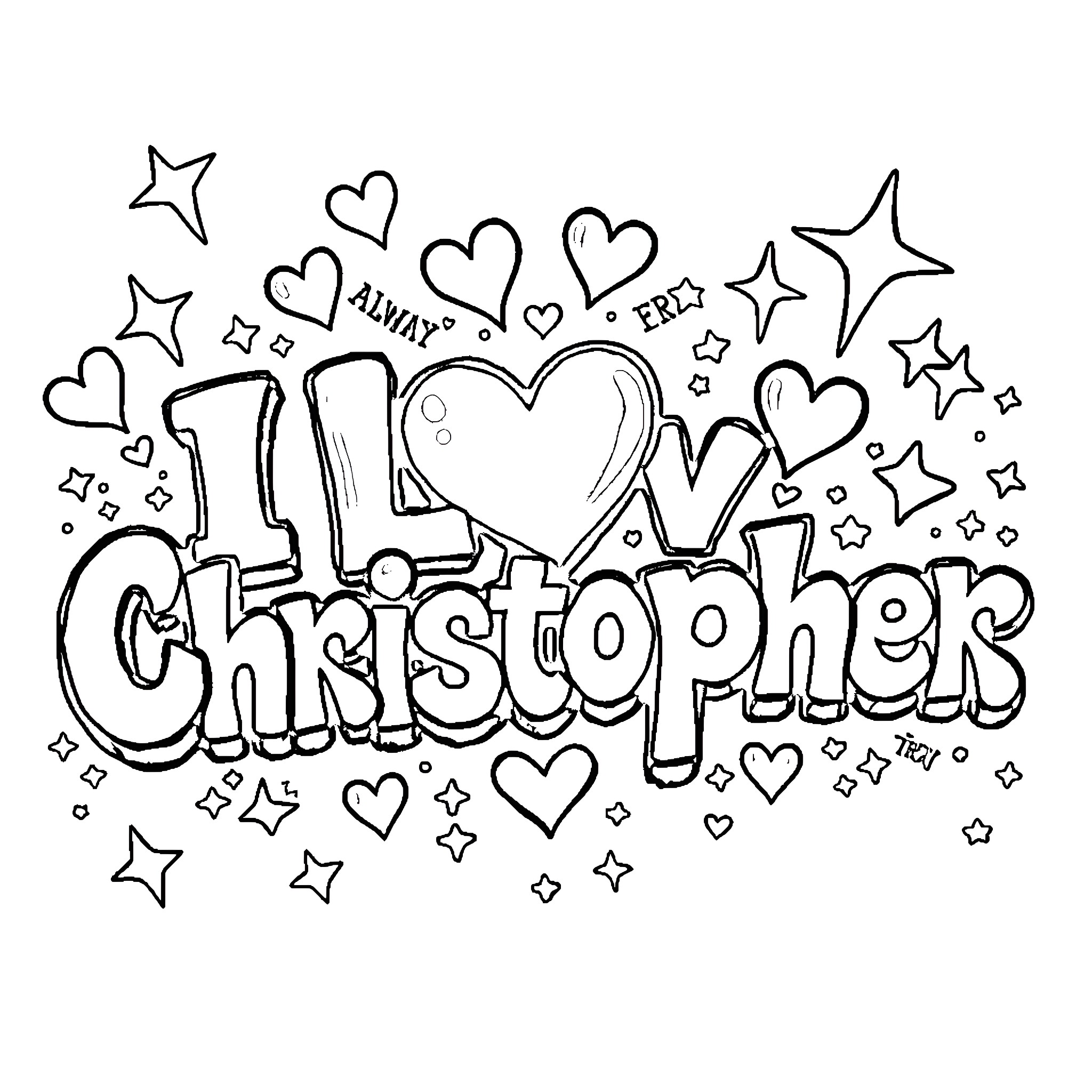 Graffiti Letter with Playful Heart and Star Shapes Coloring Page (free black-and-white line drawing printable PDF for all, from beginners to advanced learners, including children, teens, adults, and seniors)