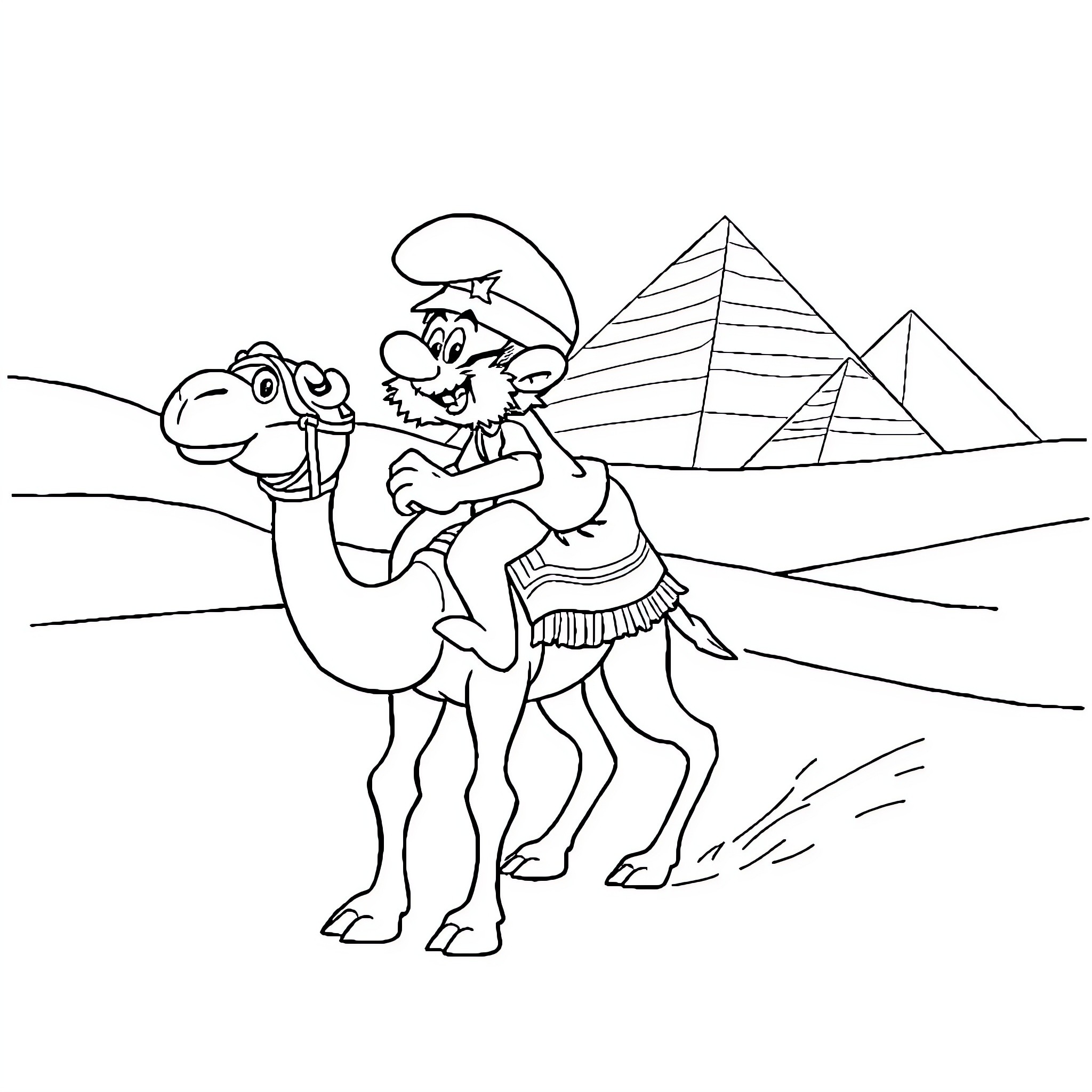 Papa Smurf riding a camel in the desert Coloring Page (free black-and-white line drawing printable PDF for all, from beginners to advanced learners, including children, teens, adults, and seniors)