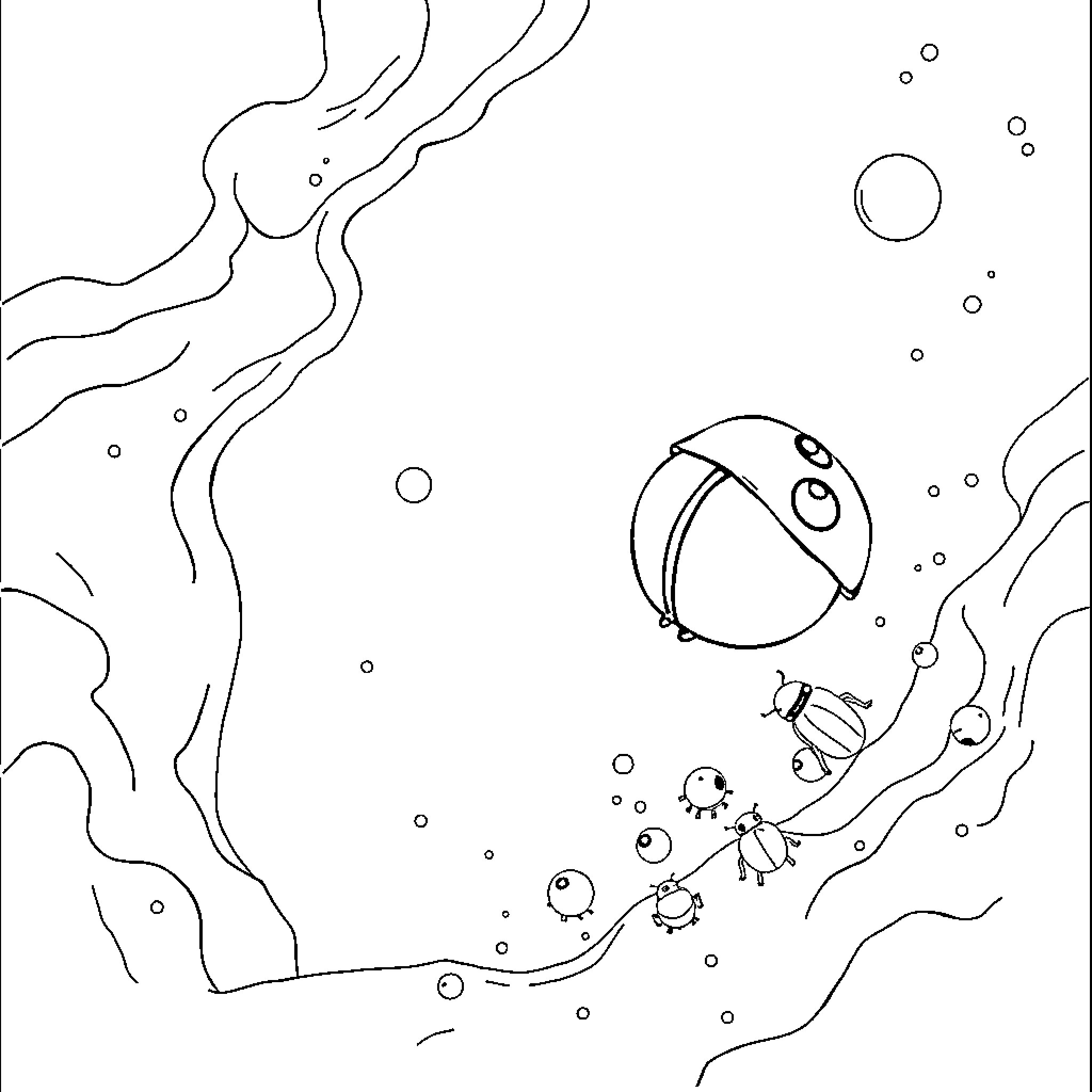 Ladybug exploring an underwater world Coloring Page (free black-and-white line drawing printable PDF for all, from beginners to advanced learners, including children, teens, adults, and seniors)