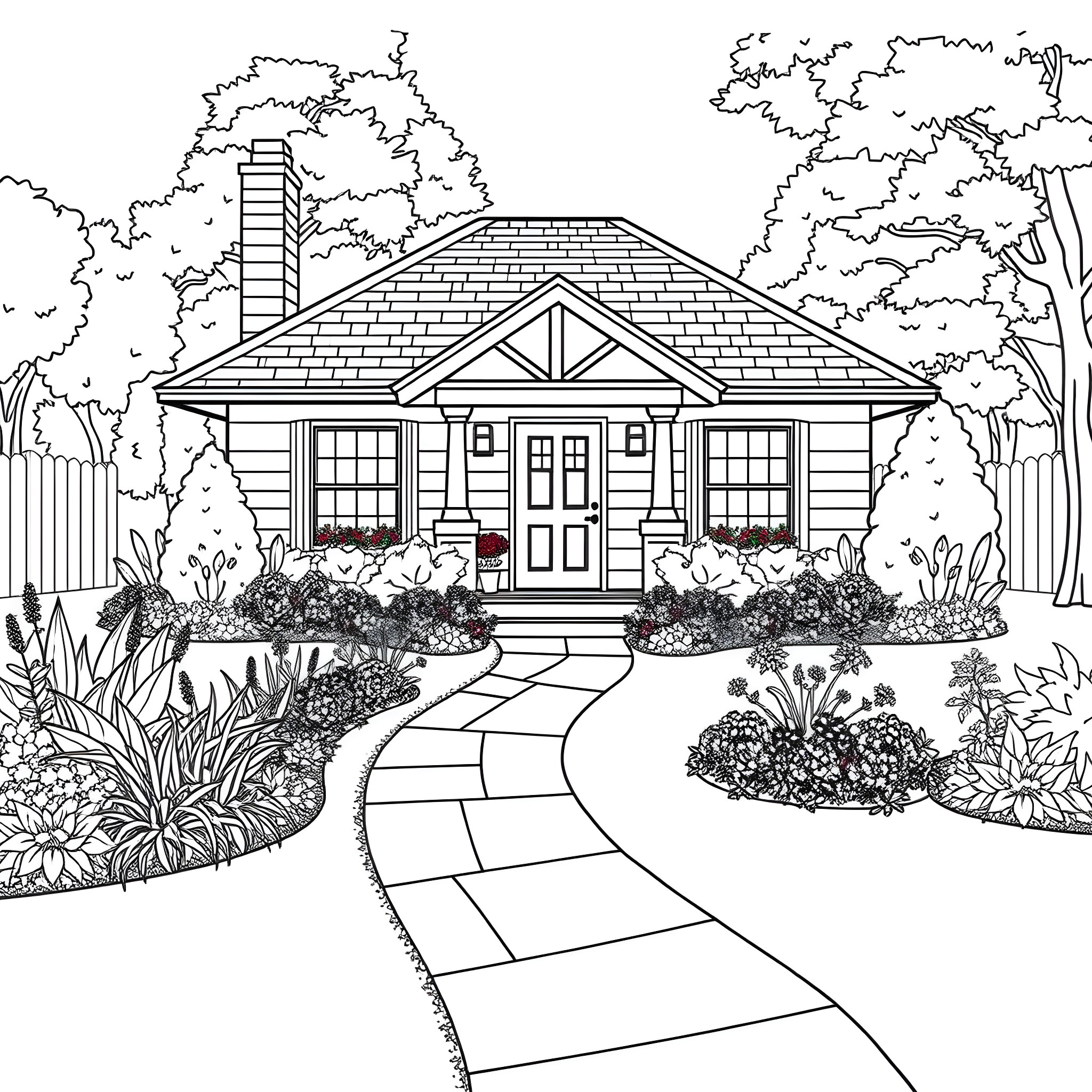 Bungalow with a charming garden and pathway Coloring Page (free black-and-white line drawing printable PDF for all, from beginners to advanced learners, including children, teens, adults, and seniors)