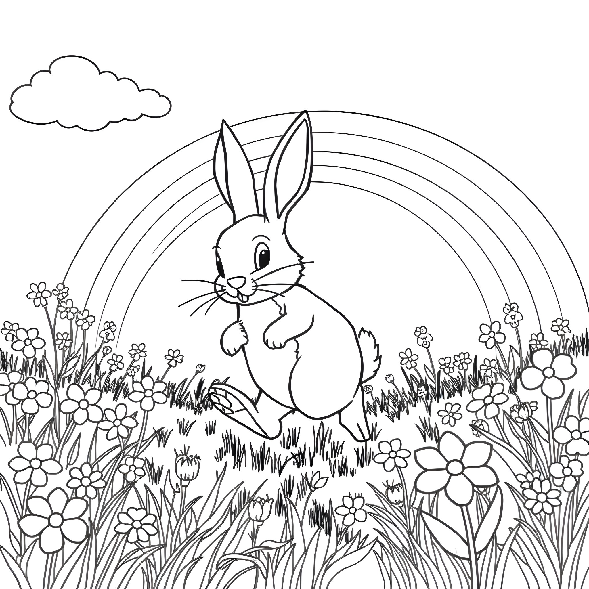 Easter Bunny frolicking in a floral meadow Coloring Page (free black-and-white line drawing printable PDF for all, from beginners to advanced learners, including children, teens, adults, and seniors)