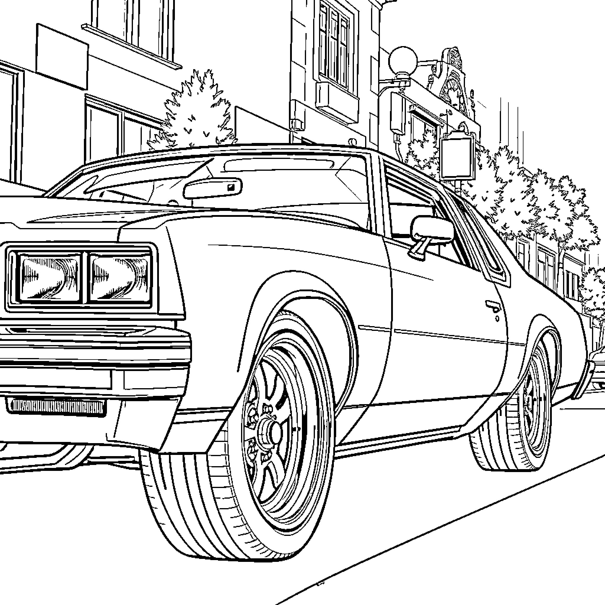 Cutlass Muscle Car in Urban Setting Coloring Page (free black-and-white line drawing printable PDF for all, from beginners to advanced learners, including children, teens, adults, and seniors)