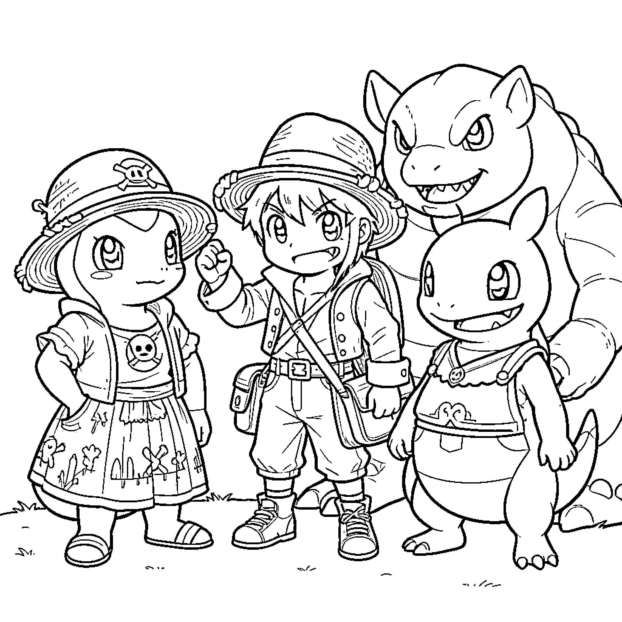Pokémon characters posing together in adventure outfits Coloring Page (free black-and-white line drawing printable PDF for all, from beginners to advanced learners, including children, teens, adults, and seniors)